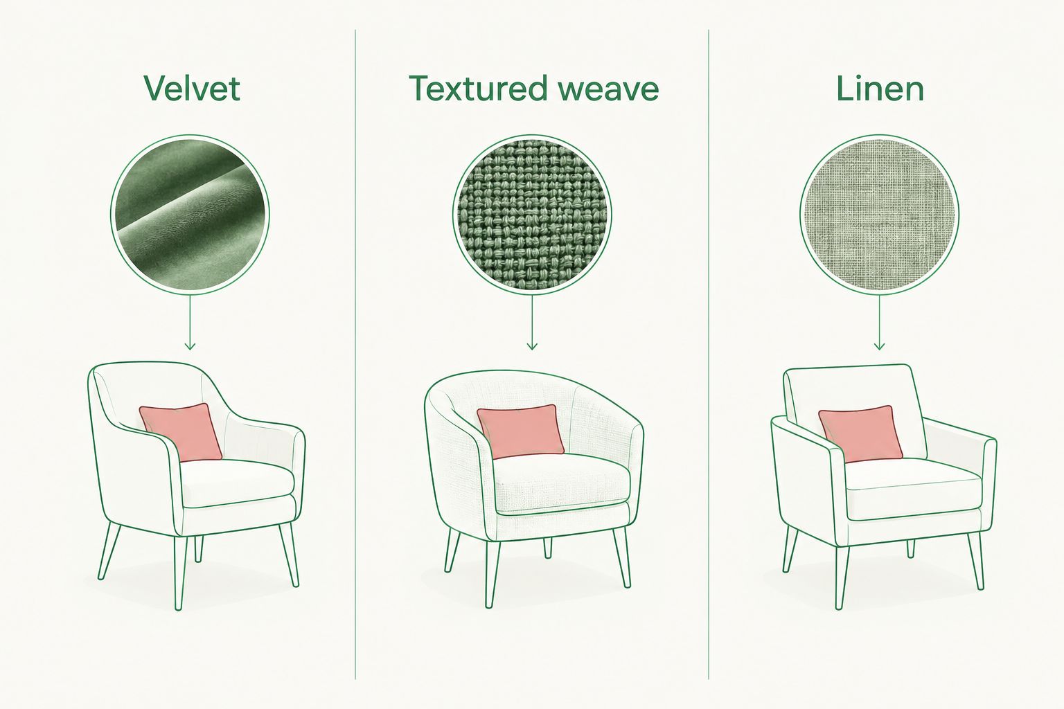 Three-panel comparison of velvet, textured weave and linen accent chair fabrics