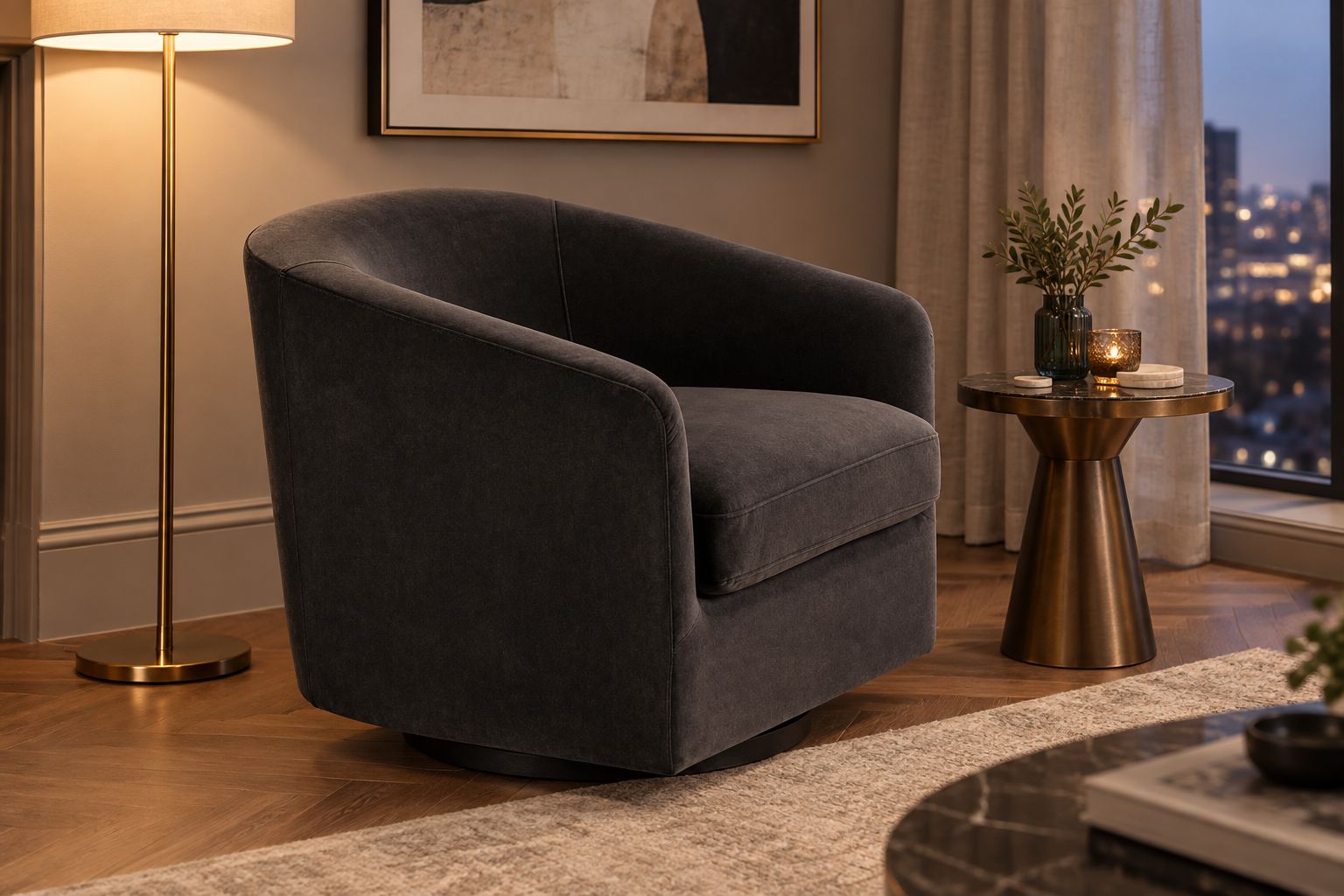 Slate grey velvet swivel arm chair styled in a glamorous living room corner