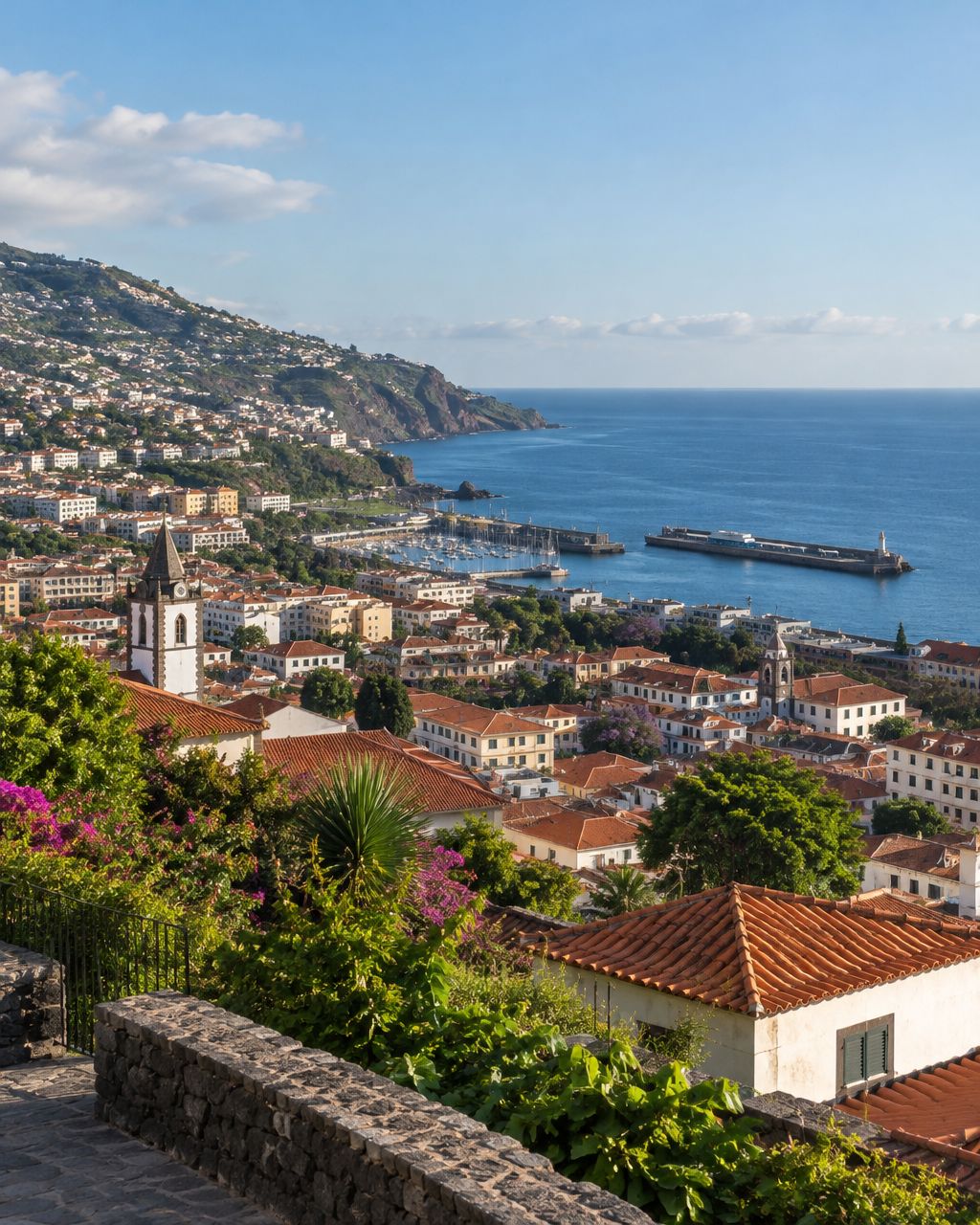 Illustrative view of Funchal rooftops and the Atlantic coast