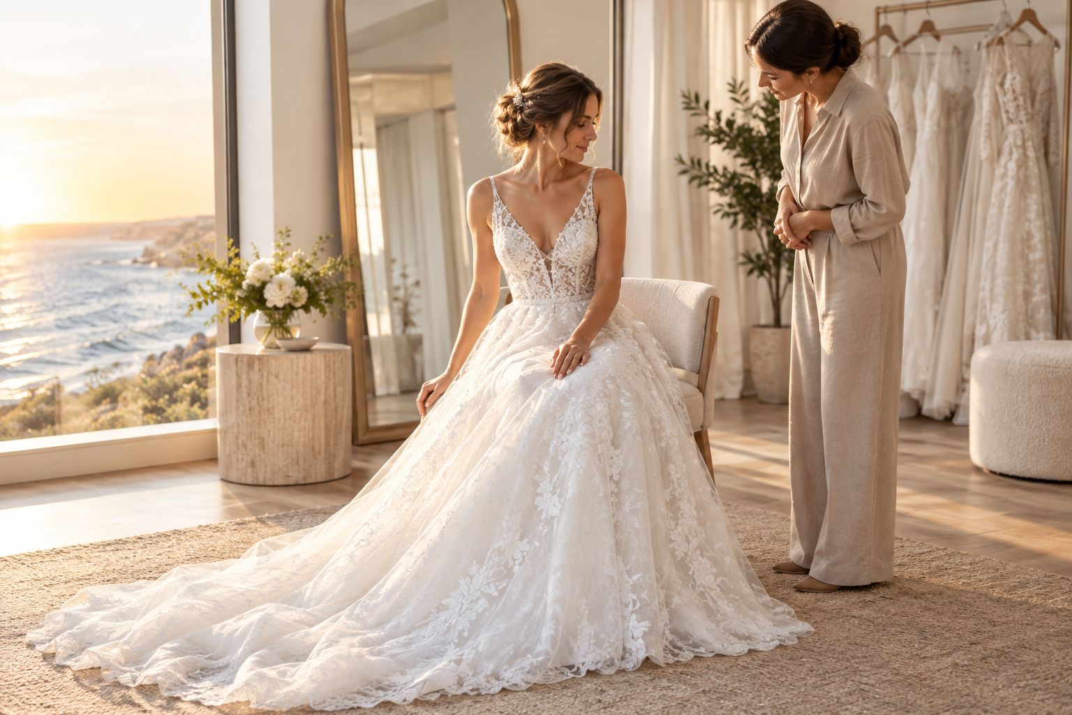 A bride checks a wedding gown’s seated fit during a fitting