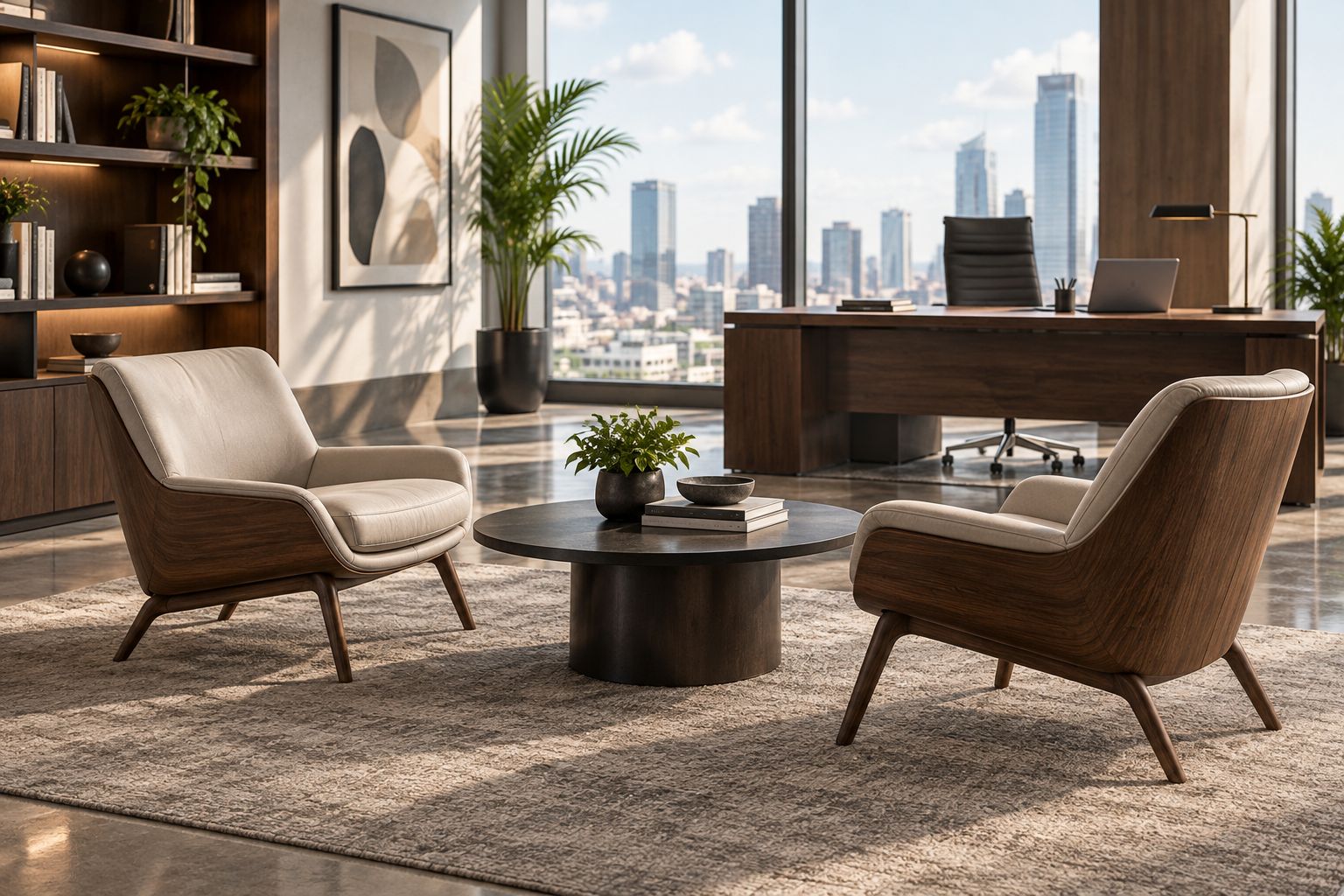 Executive office with a separate lounge conversation area and working desk