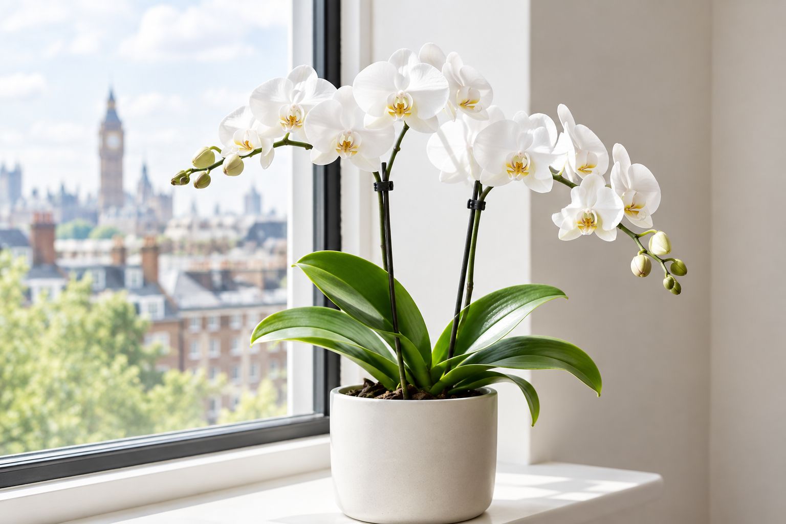 Potted white phalaenopsis orchid in bloom on a windowsill