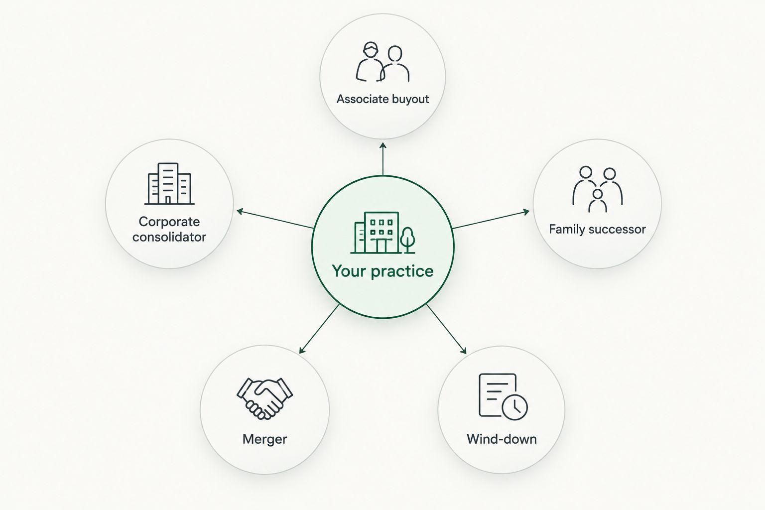 Hub-and-spoke diagram showing five succession paths radiating from a veterinary practice