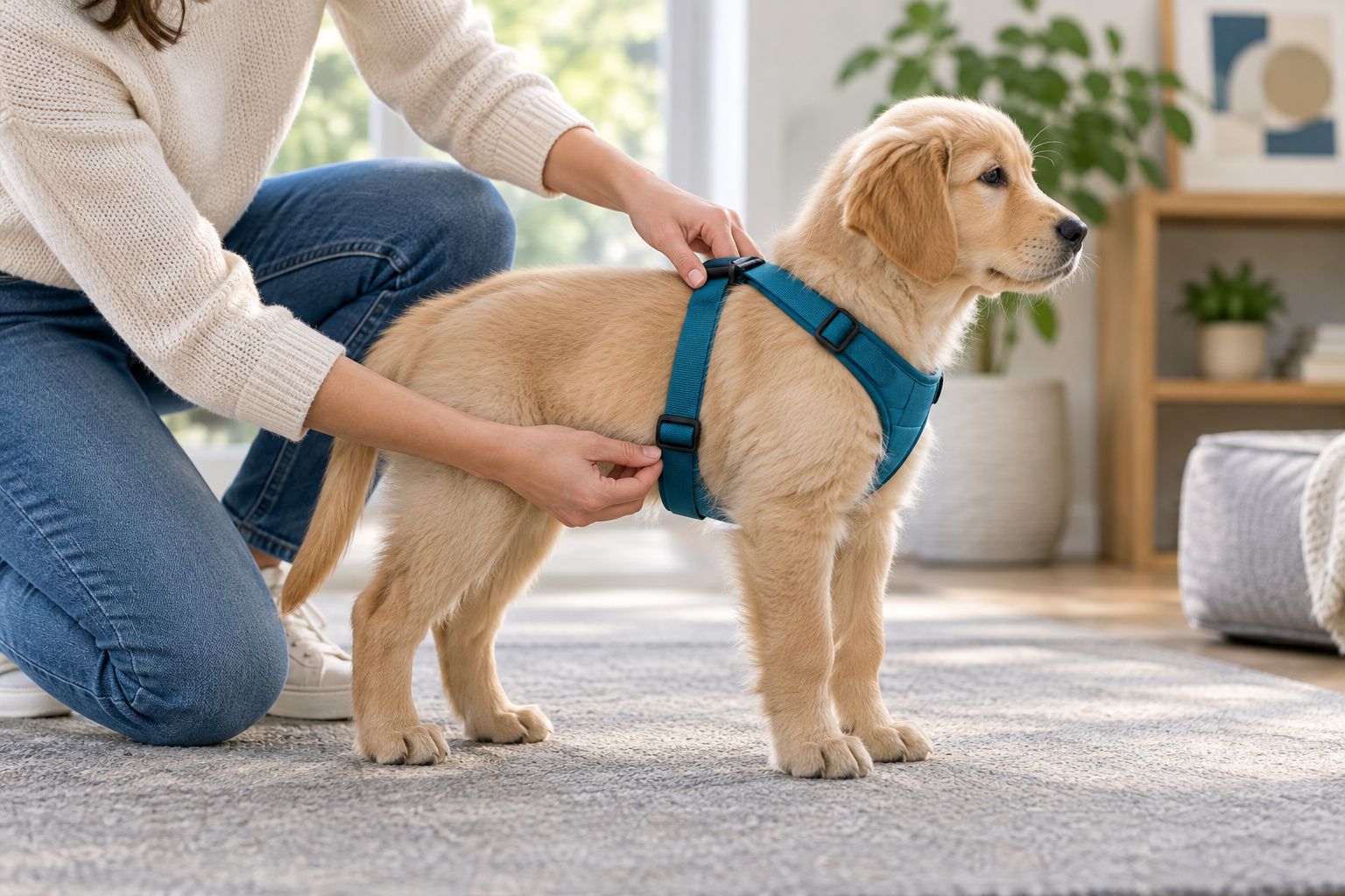 An owner checking a puppy harness while the puppy stands calmly indoors