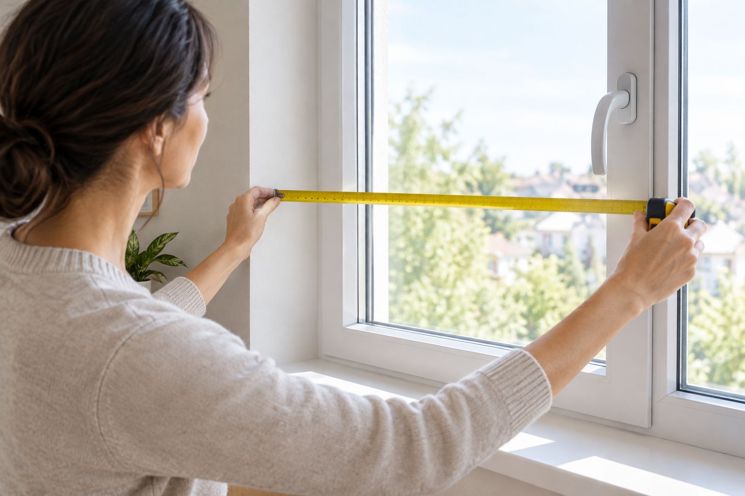 Steel tape across a window recess with the frame, sill, and projecting handle visible