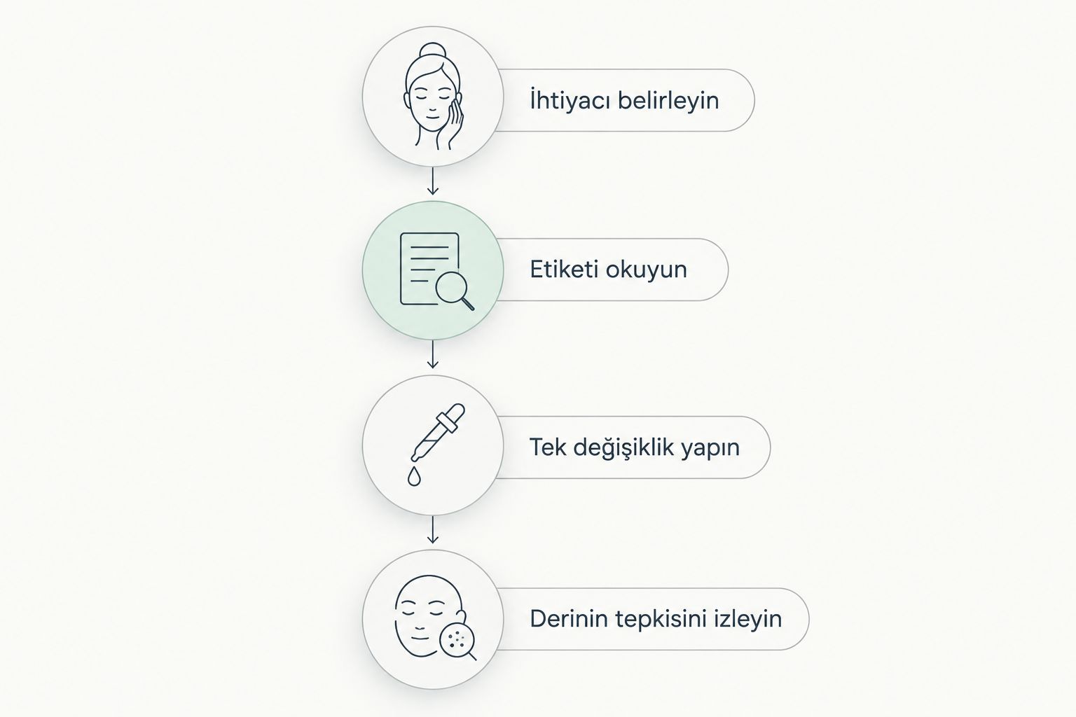 İhtiyaç belirleme, etiket okuma, tek değişiklik yapma ve derinin tepkisini izleme adımları