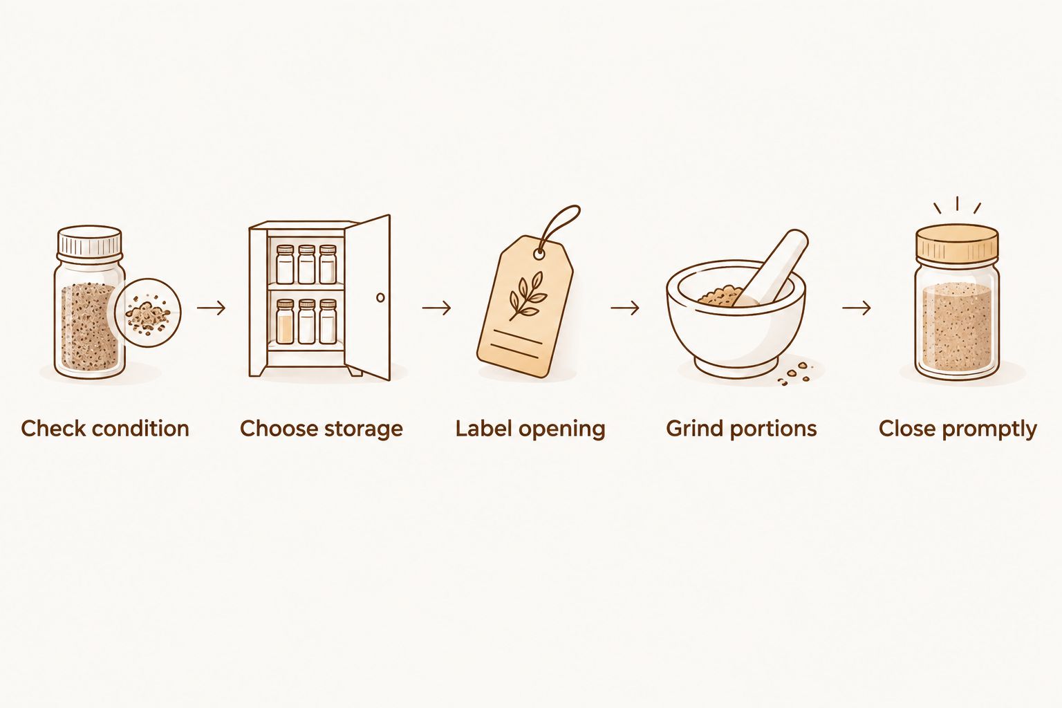 Storage sequence from checking spice condition to grinding portions and closing the container