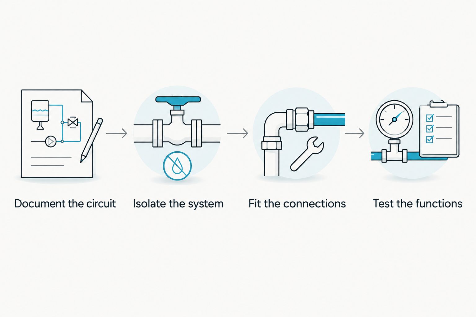 Installation sequence from circuit documentation through isolation, connection, and function testing