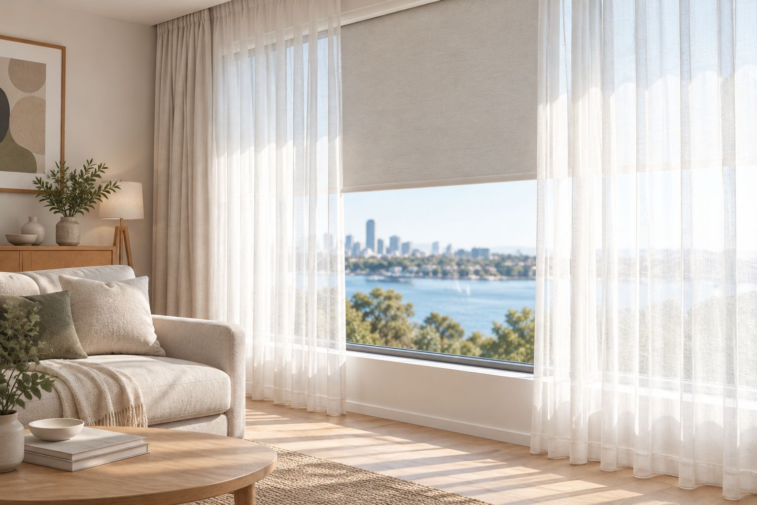 Full-length sheer curtains layered in front of a partly lowered roller blind