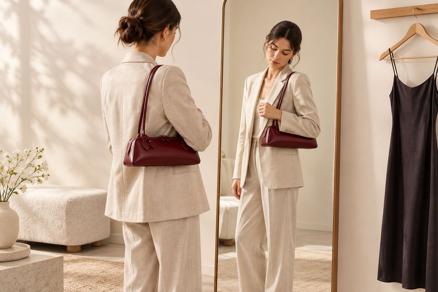 A shopper checks a compact shoulder bag's position and proportions with a blazer.