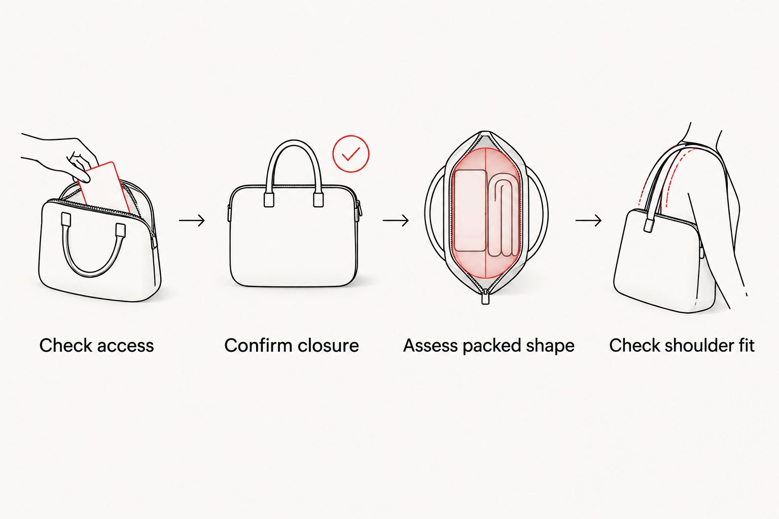 A bag-selection sequence covering access, closure, packed shape, and shoulder fit.
