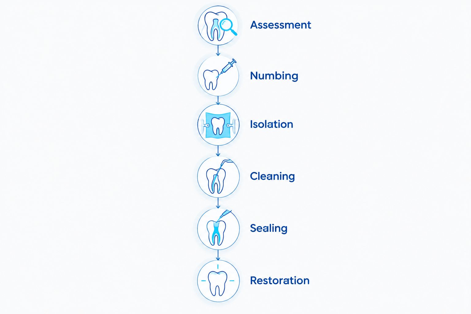 Root canal treatment sequence from assessment and numbing through cleaning, sealing, and restoration.