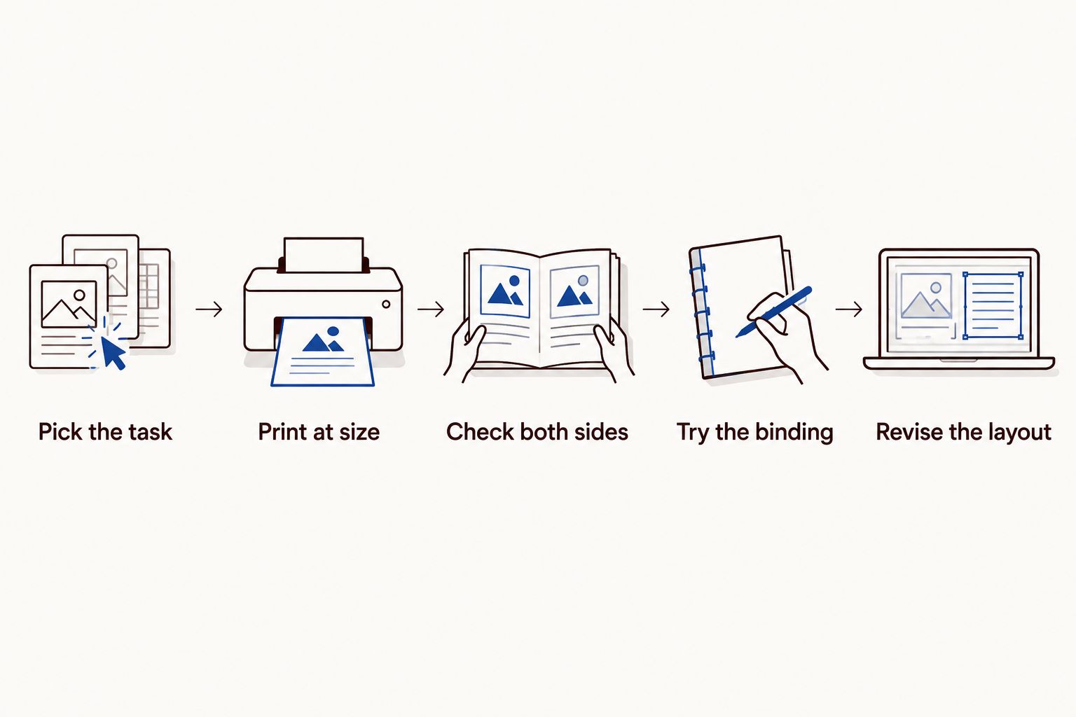 Workbook testing sequence from selecting a task to revising the layout