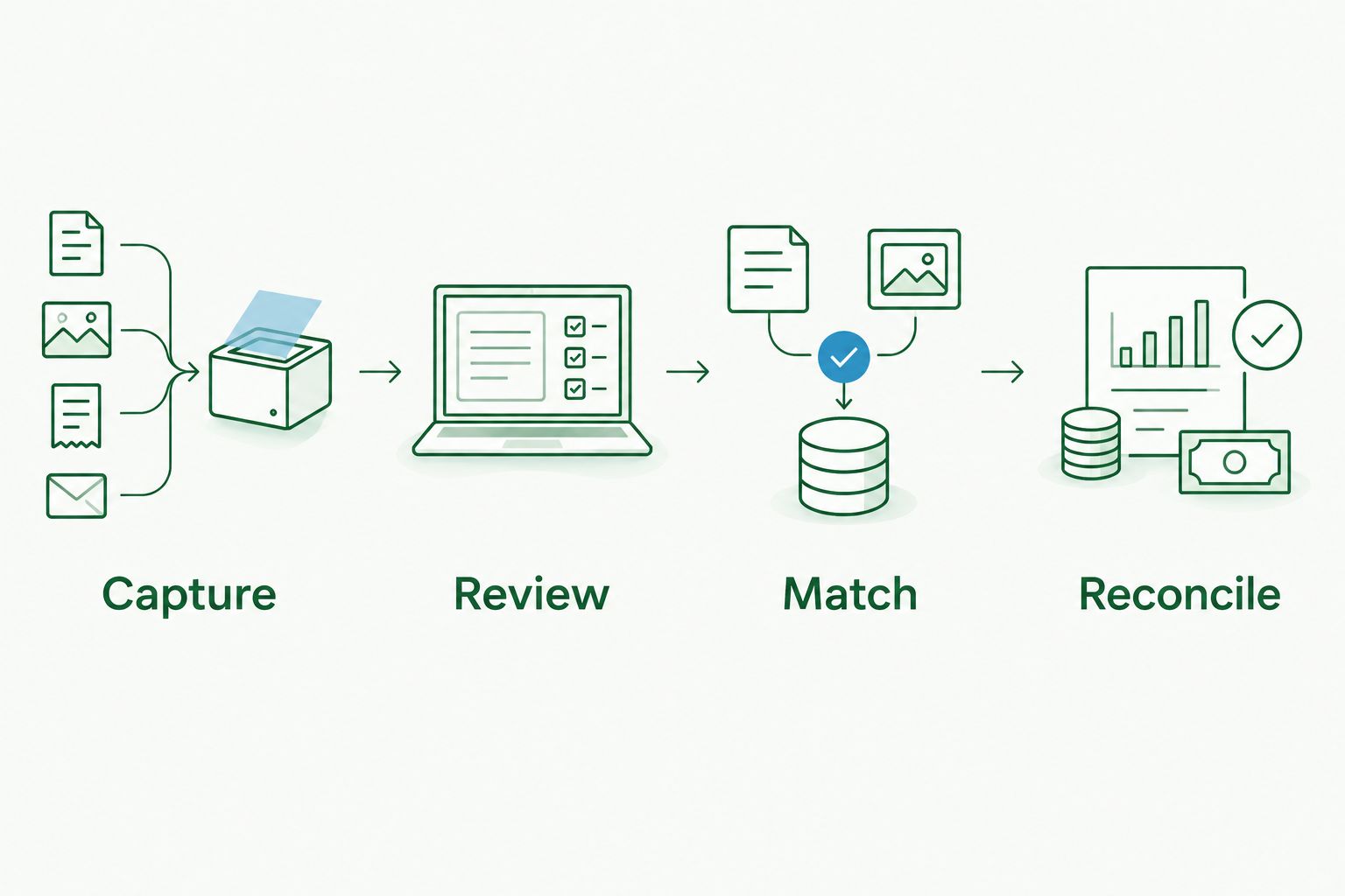 Receipt workflow showing capture, review, matching and reconciliation