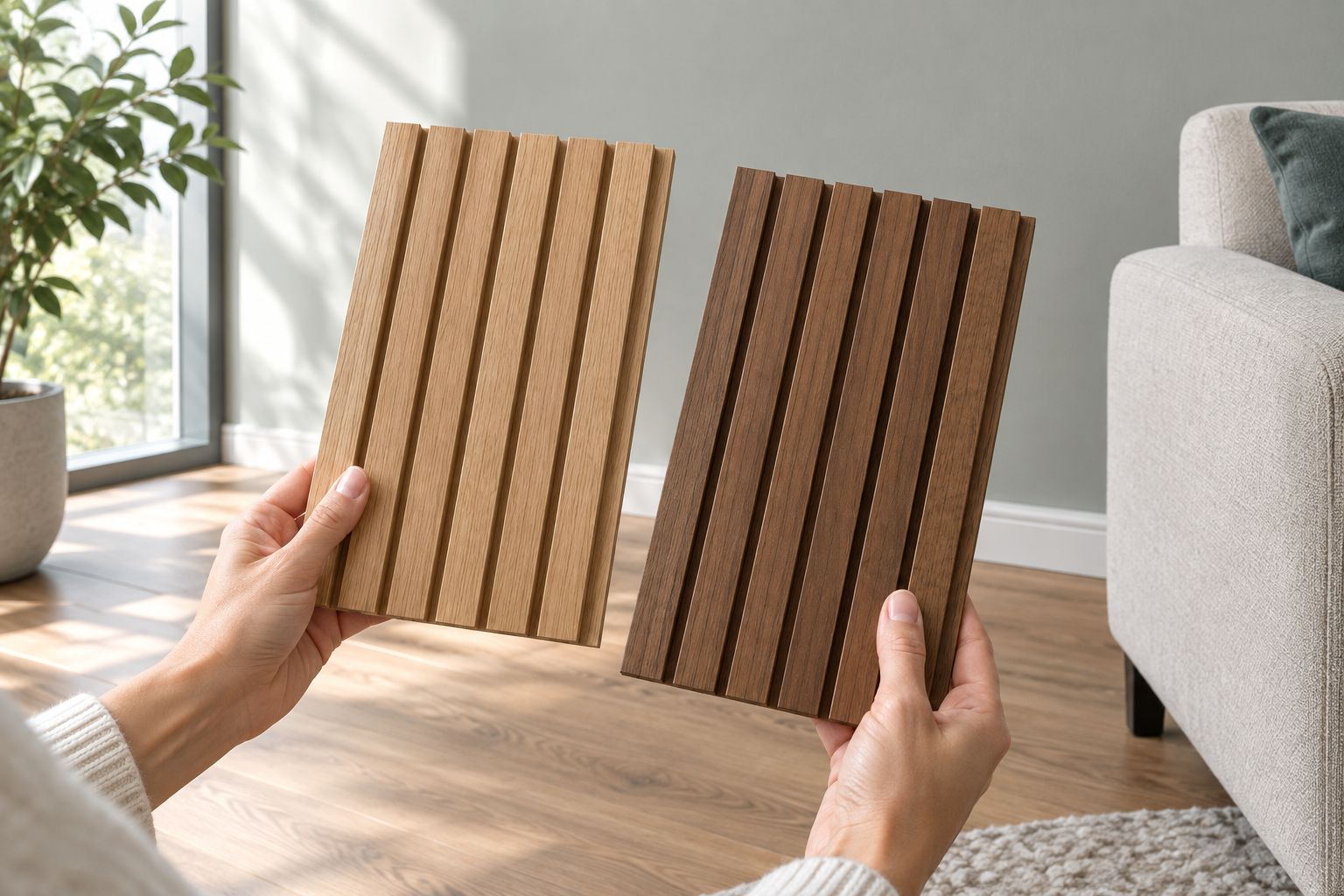 Wood slat finish samples compared with a painted wall, wooden floor, and fabric sofa