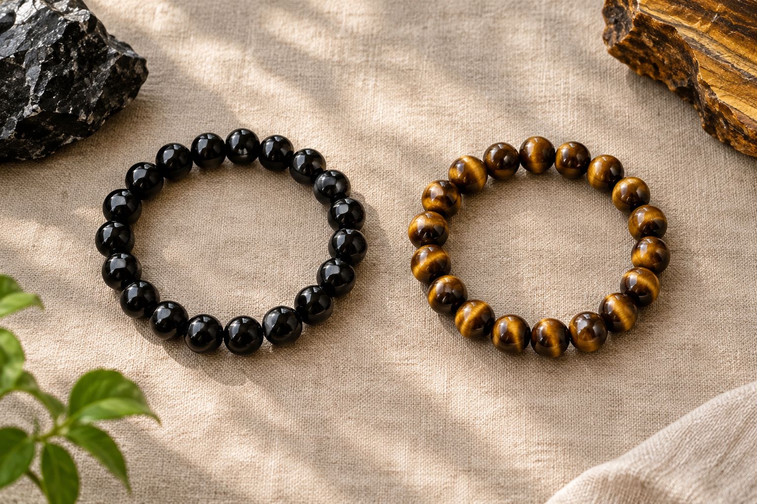 Black obsidian beads beside golden-brown tiger’s eye beads in natural light
