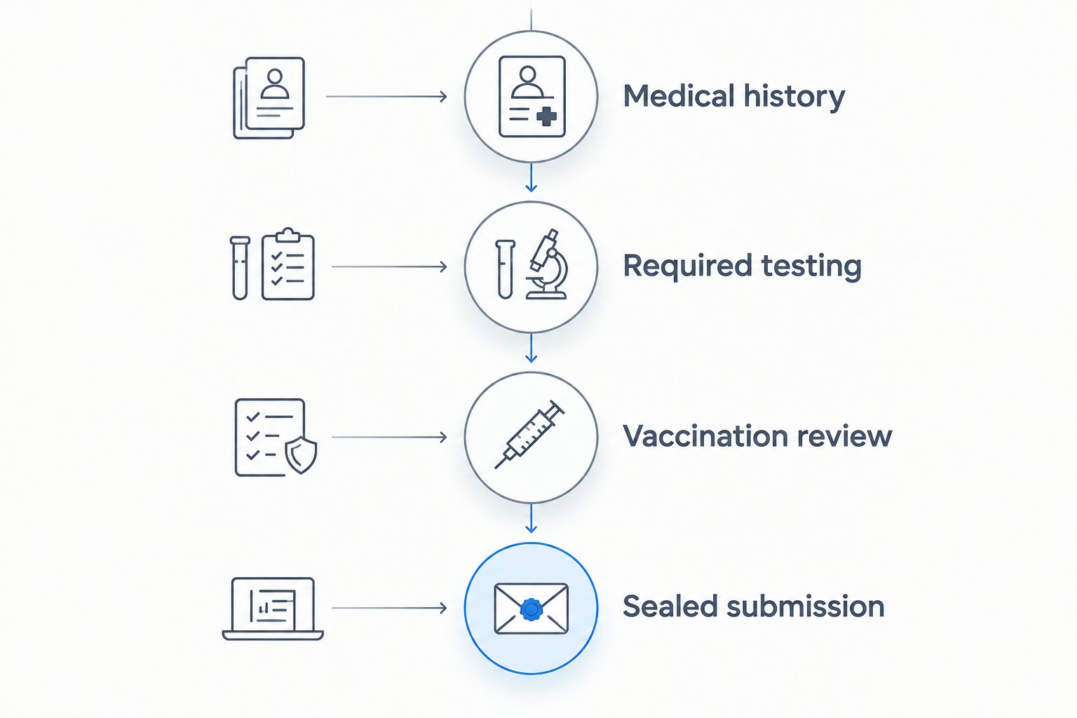 Examination workflow from medical history through testing, vaccination review, and sealed submission.