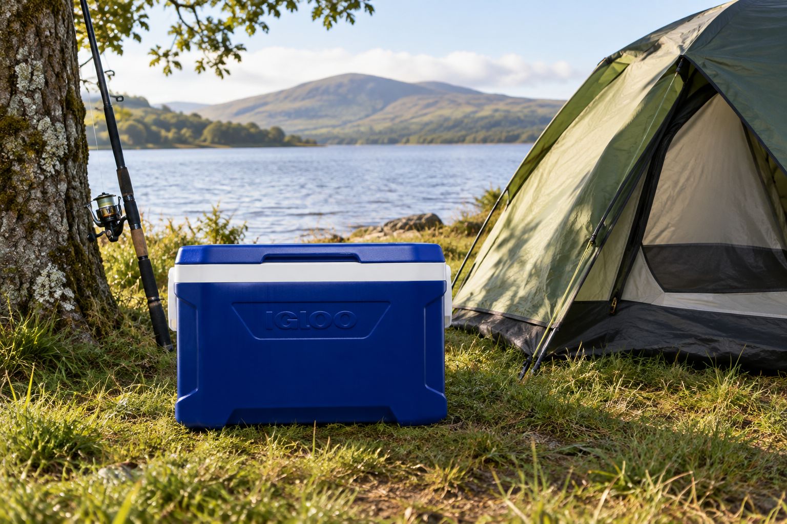 Igloo Profile II 47L cool box at a lakeside camping pitch