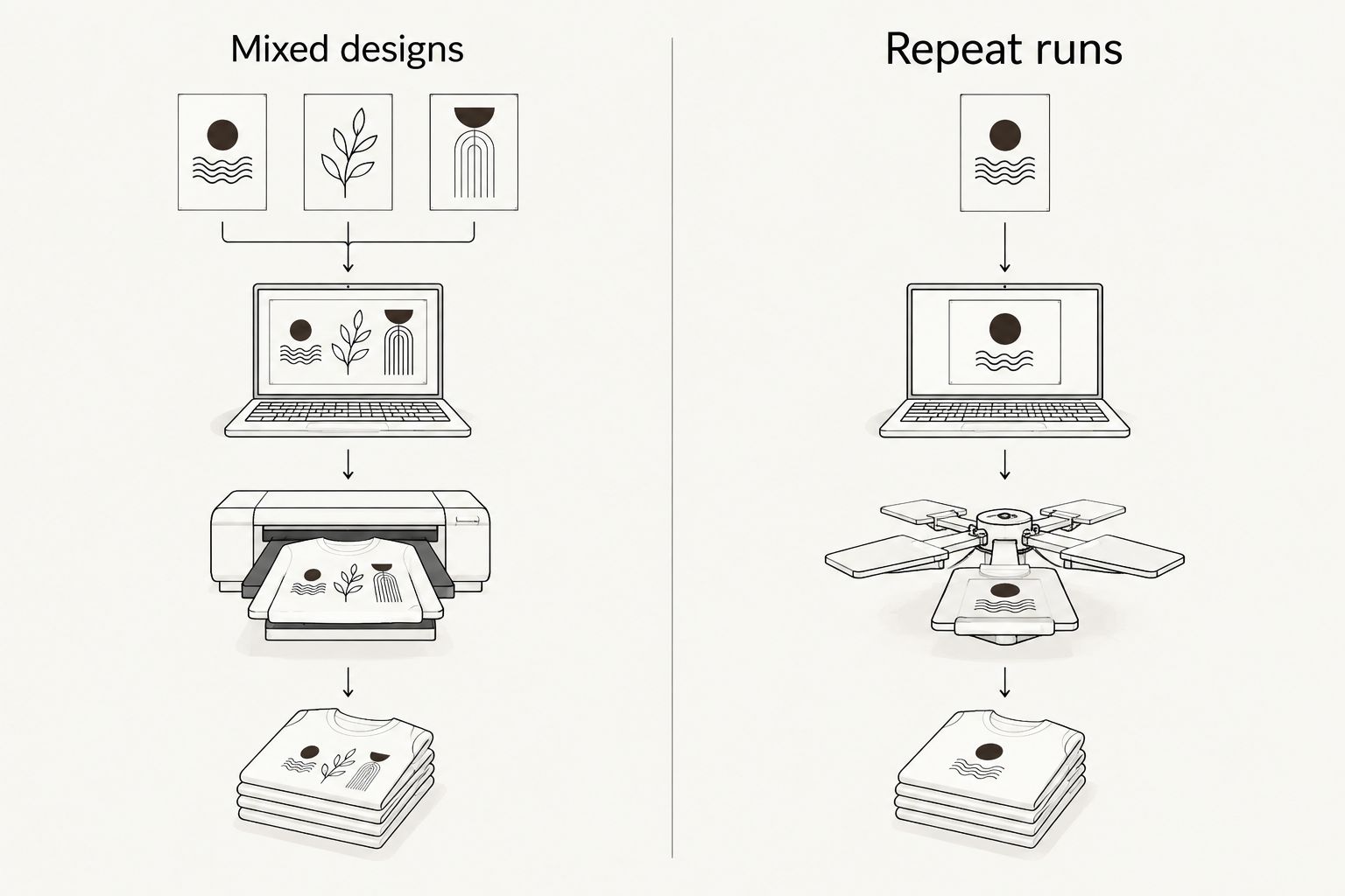 Two-column comparison of DTF for mixed designs and screen printing for repeat runs