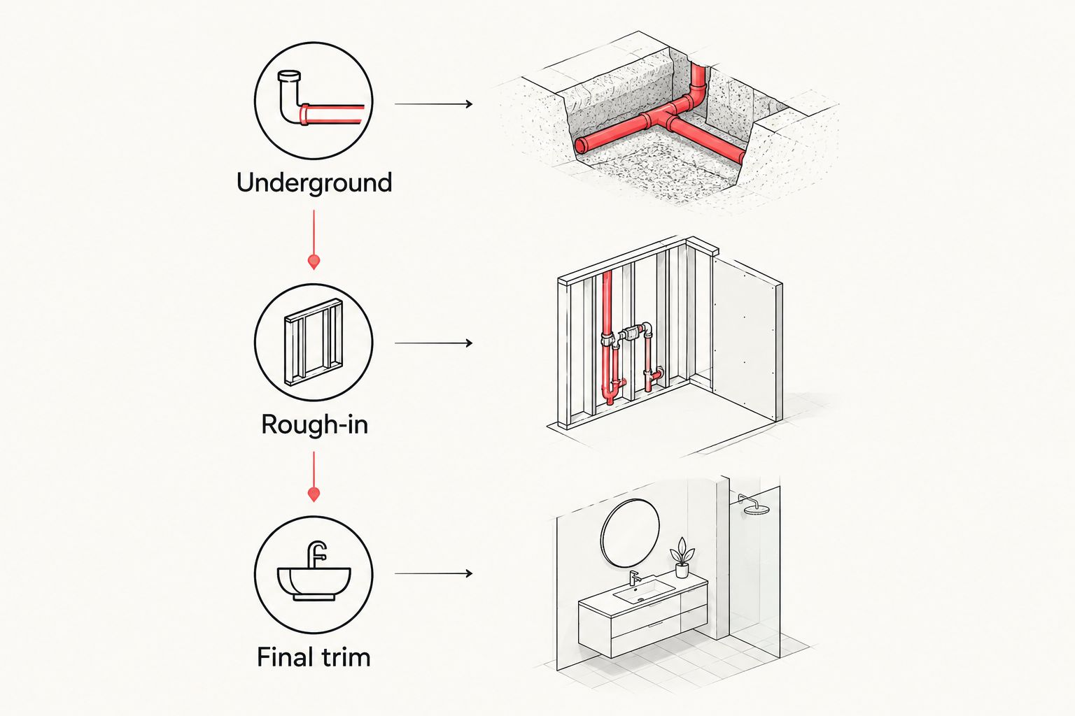 Three plumbing coordination checkpoints: underground, rough-in, and final trim