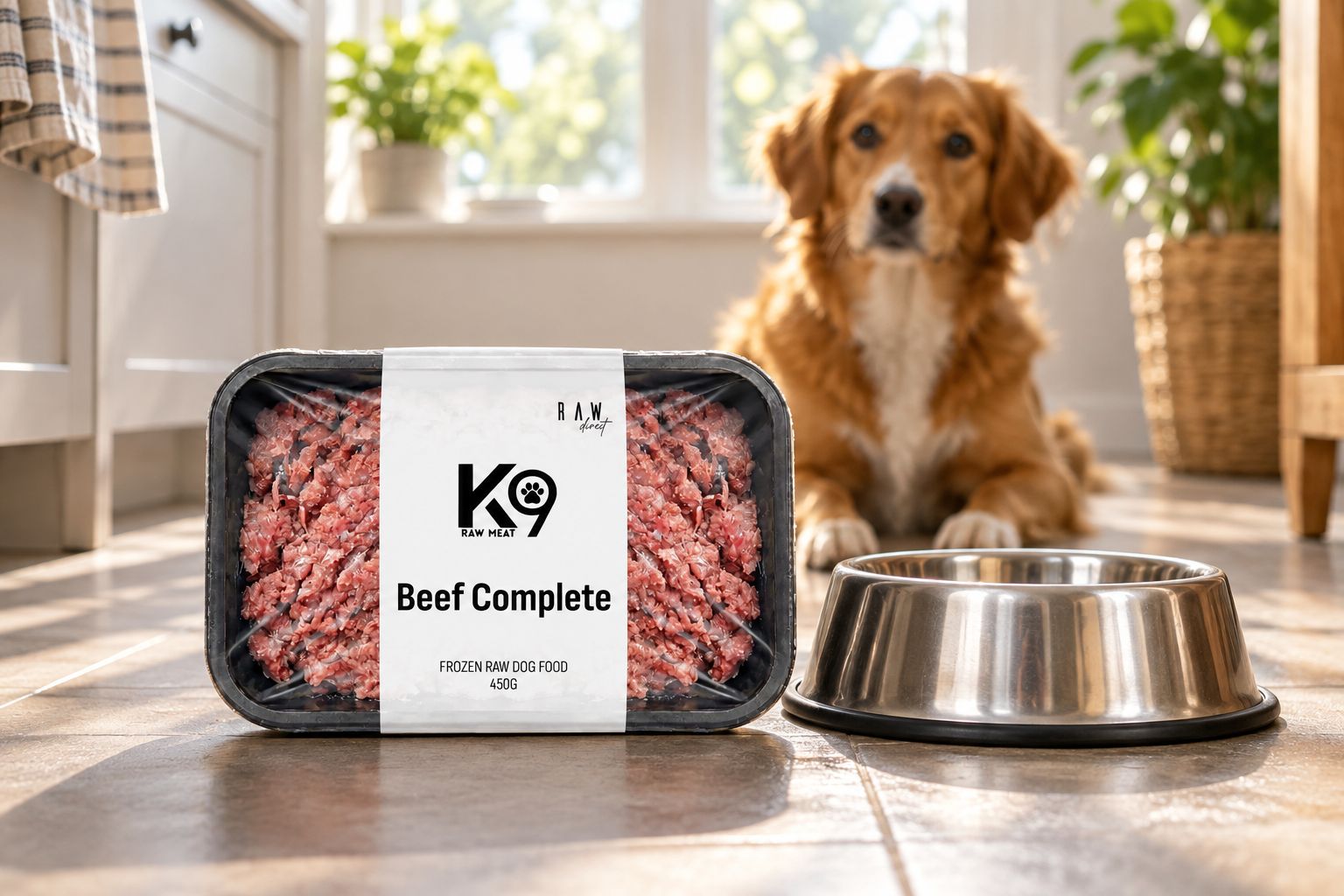 K9 Raw Beef Complete pack next to a dog bowl in a kitchen