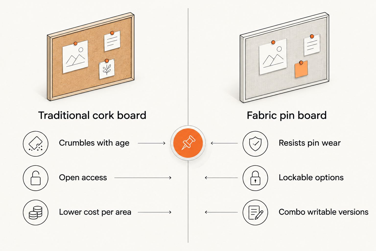 Two column comparison of traditional cork board versus fabric pin board