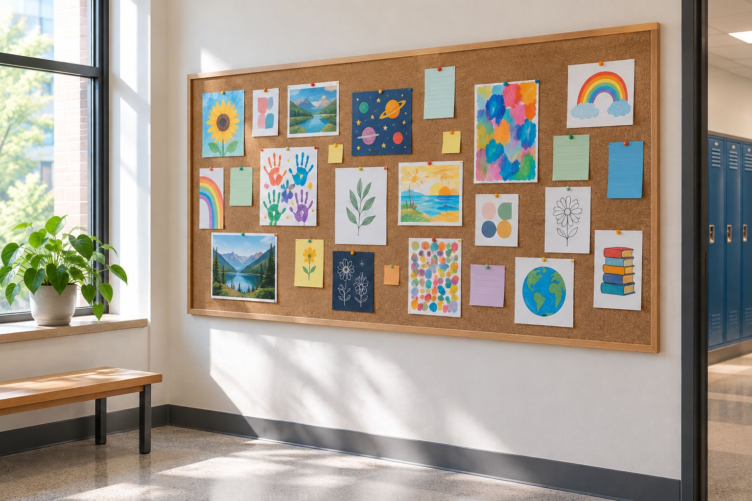 Large fabric pin board covered in student work in a school corridor