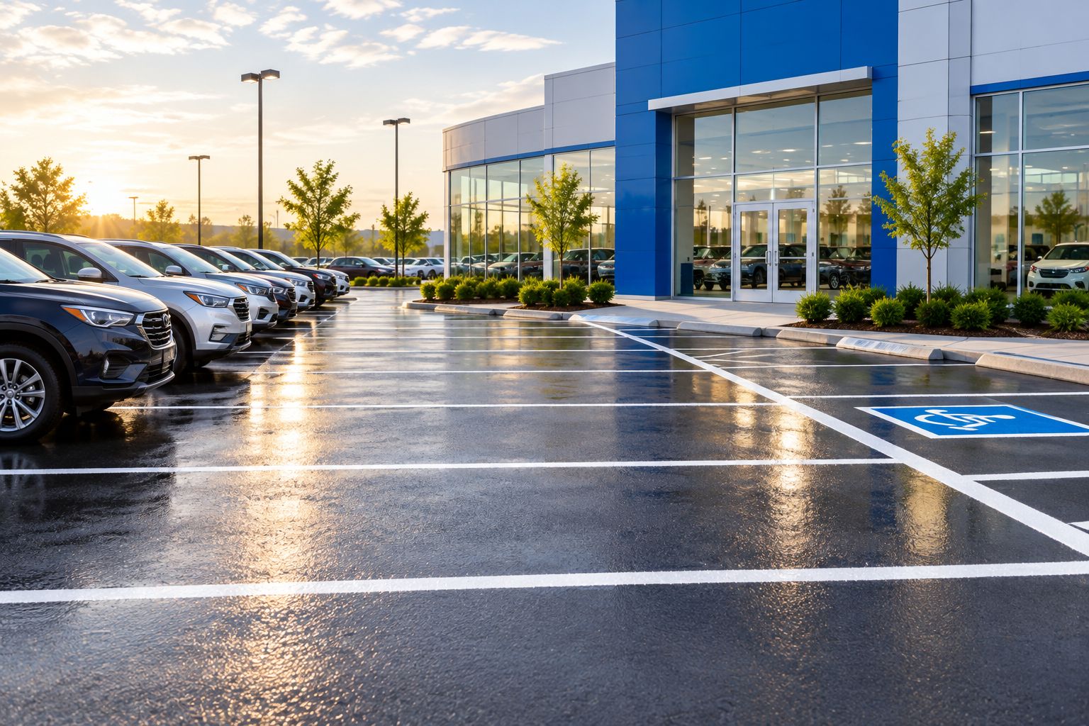 Freshly striped auto dealership parking lot at sunrise