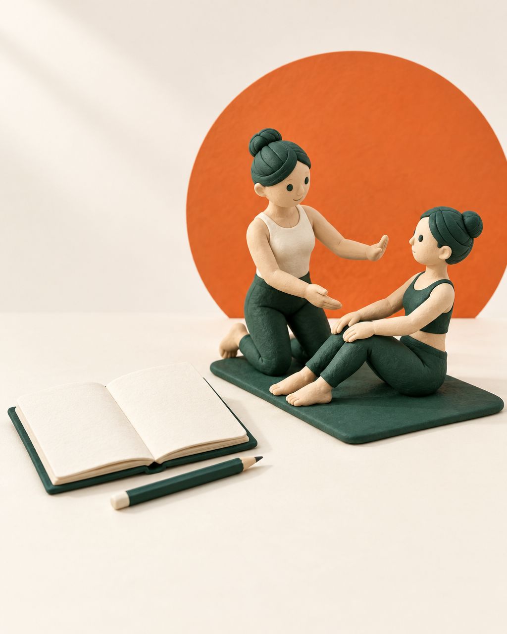 Miniature clay Pilates teaching scene beside an open notebook, representing practical assessment and written knowledge.