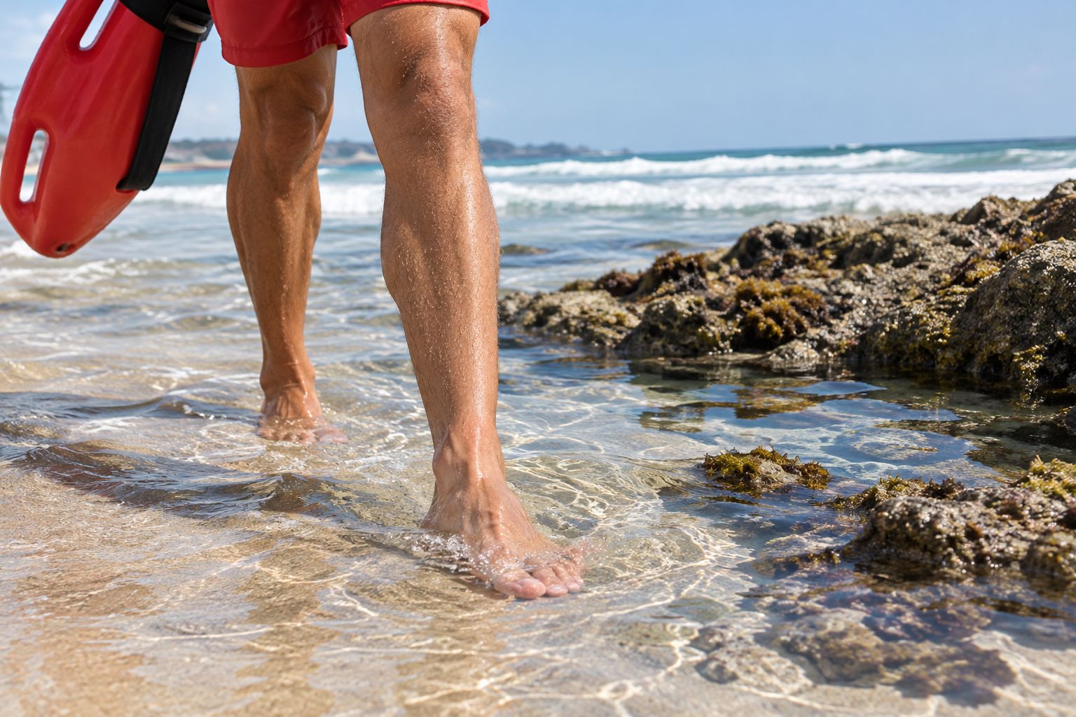 Lifeguard's bare feet shuffling through shallow surf near a tide pool