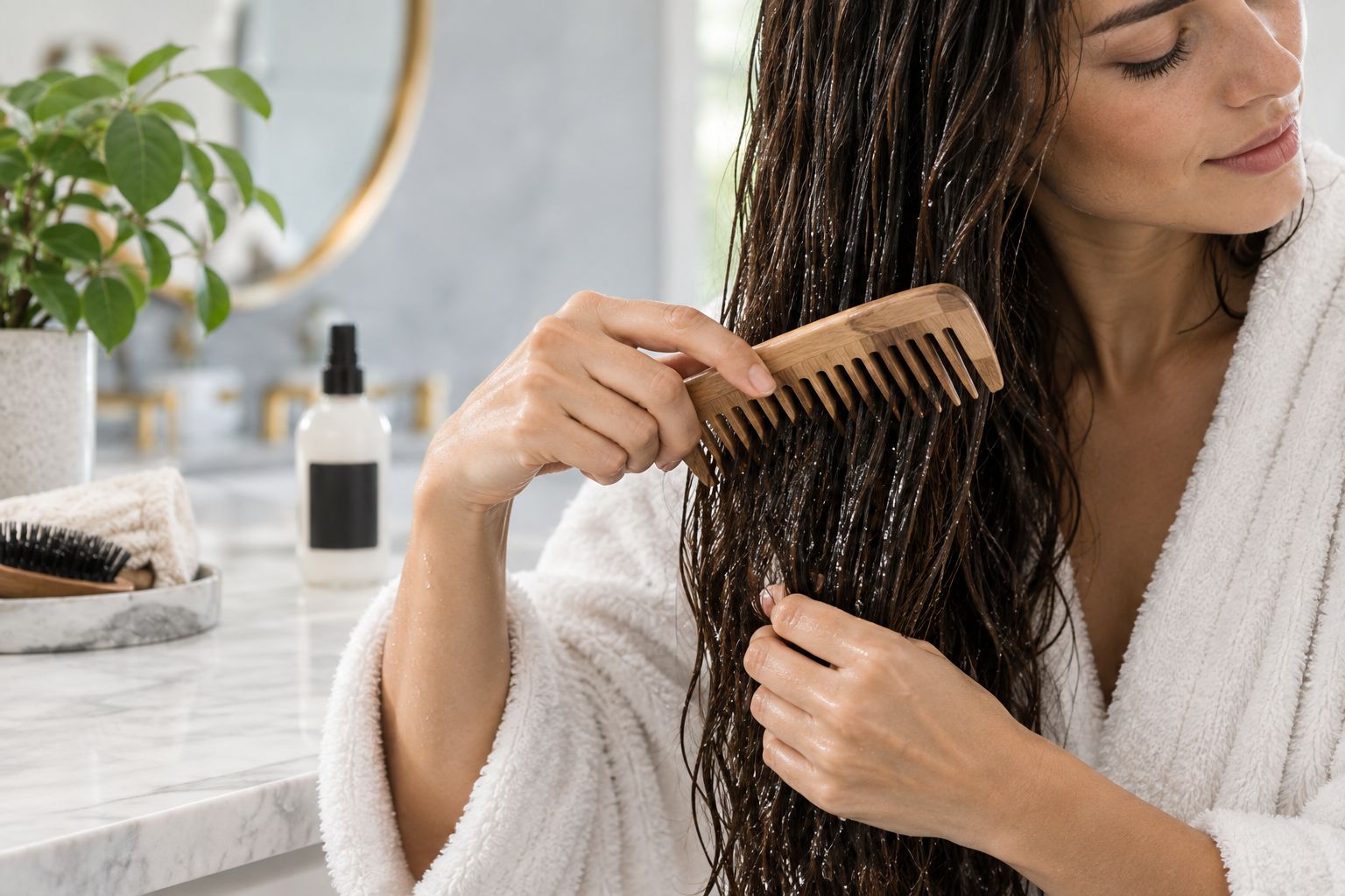 Detangling damp hair from the ends upward with a wide-tooth comb