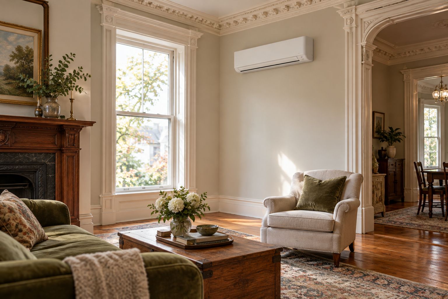 Mini-split indoor unit mounted in a historic home living room without disturbing original trim