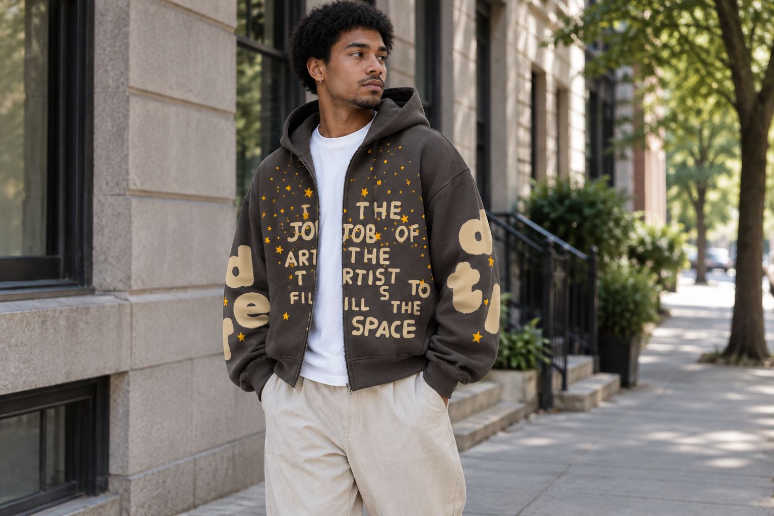 A zip-up hoodie worn open over a plain tee with relaxed trousers