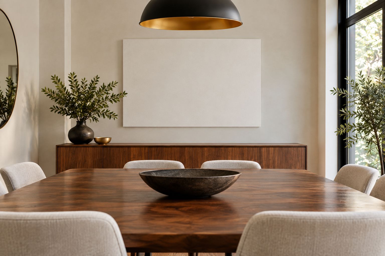A blank paper template testing wall-art placement above a dining-room sideboard