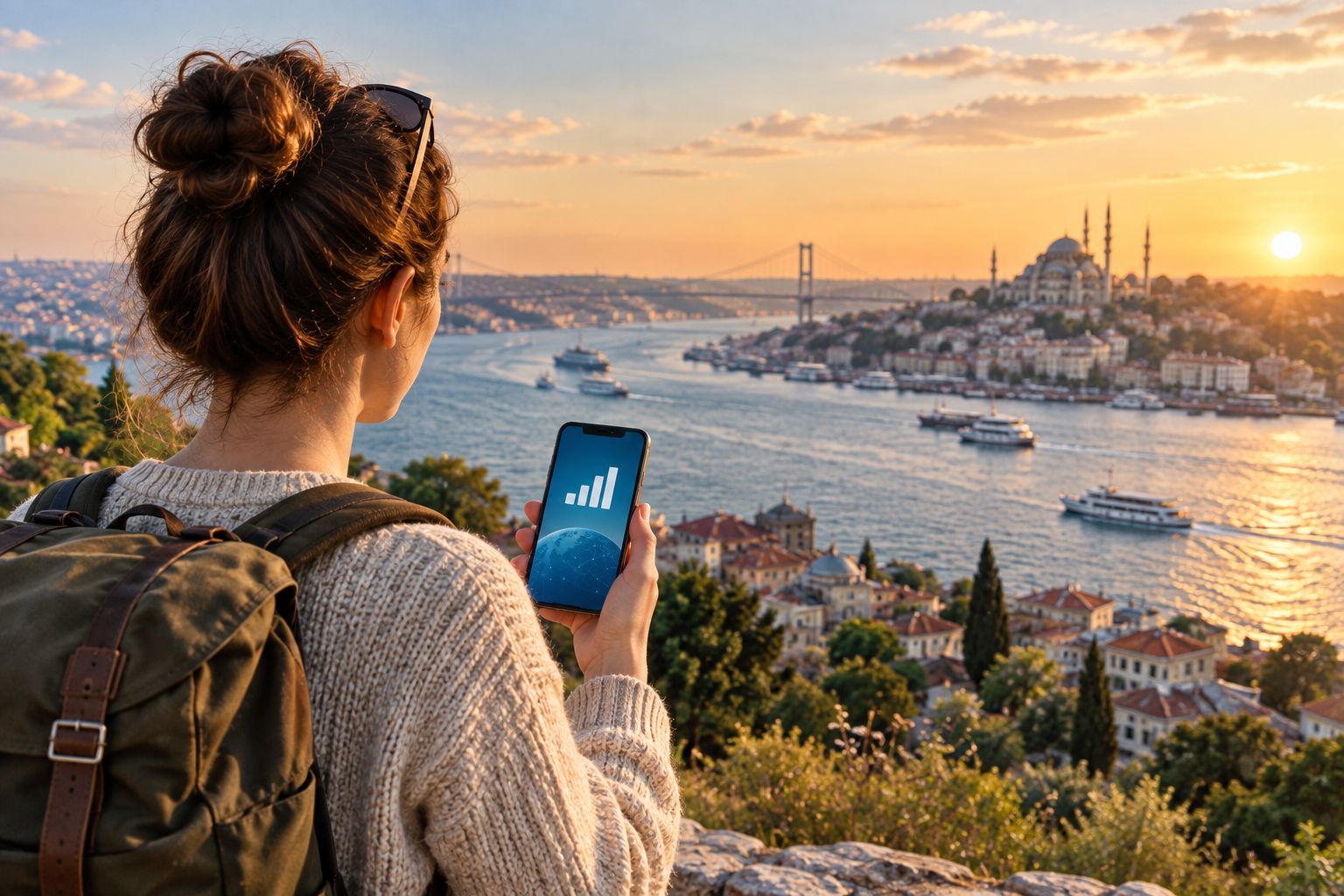 Traveler checking phone signal above the Bosphorus at sunset