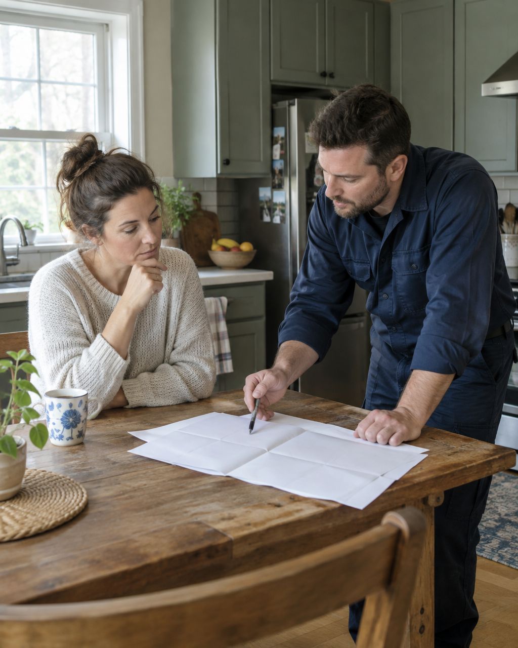 Person discussing a written renovation proposal with a professional in a kitchen