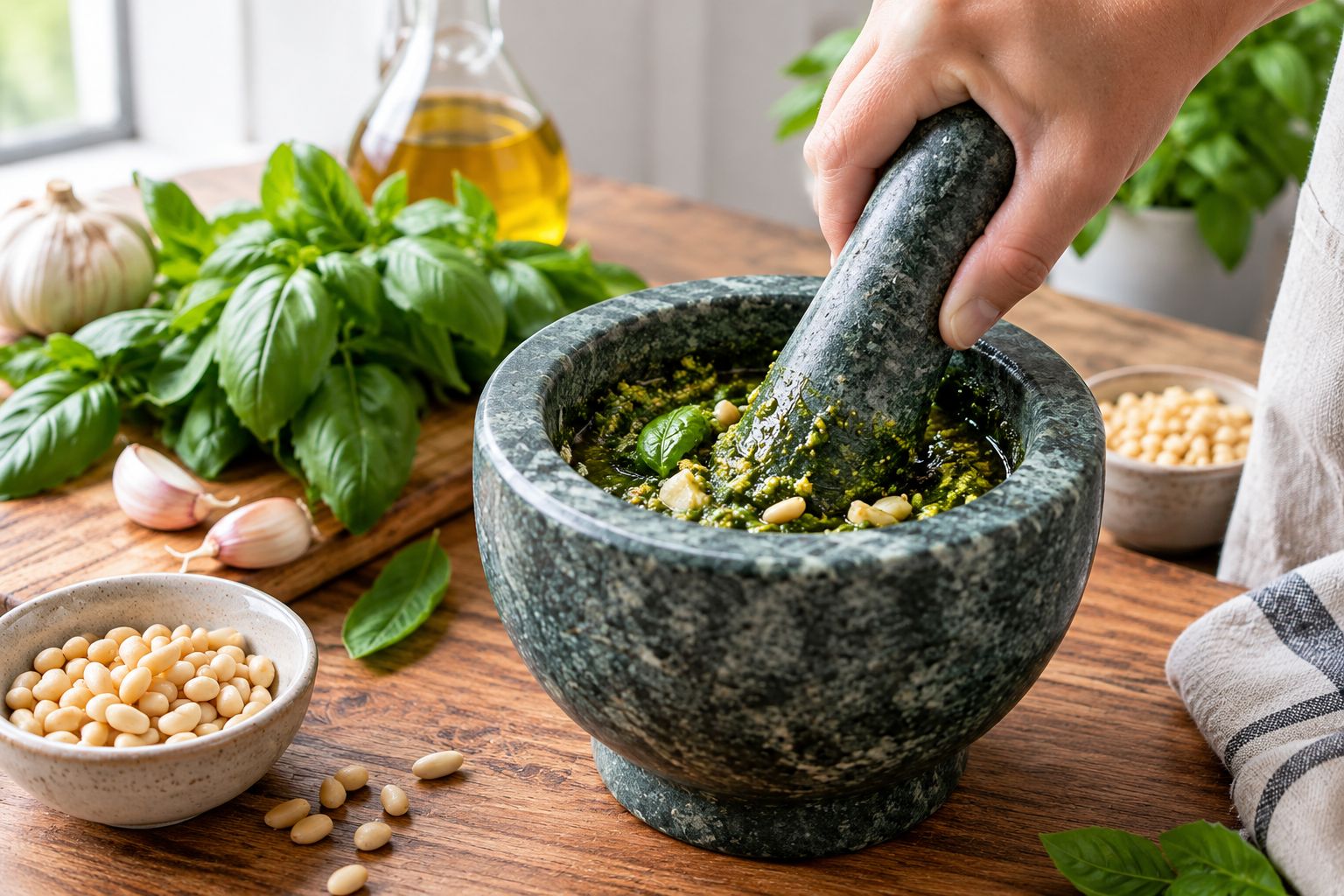 Hand crushing basil and garlic into pesto with a granite mortar and pestle