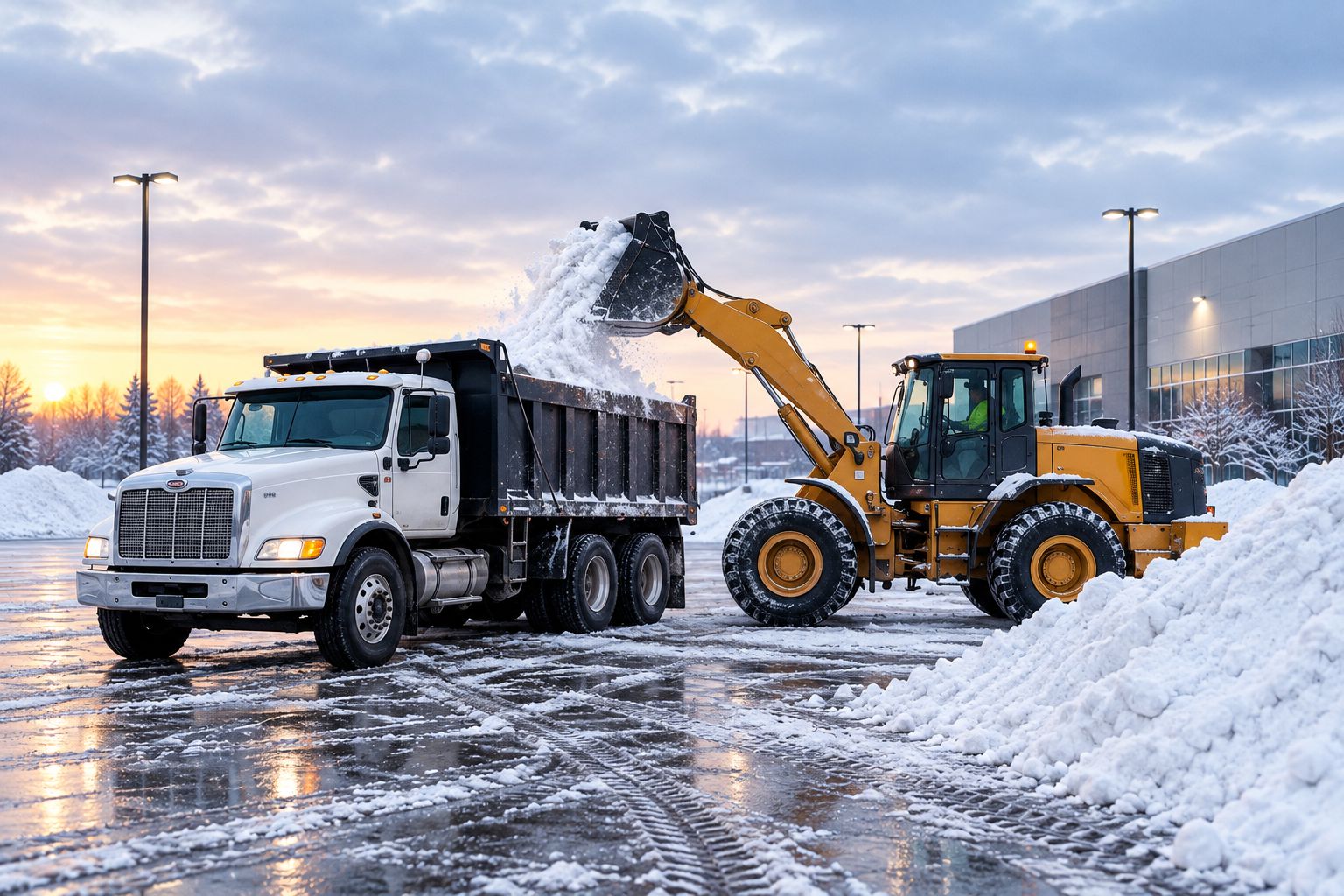 Loader feeding a dump truck with plowed snow from a commercial parking lot