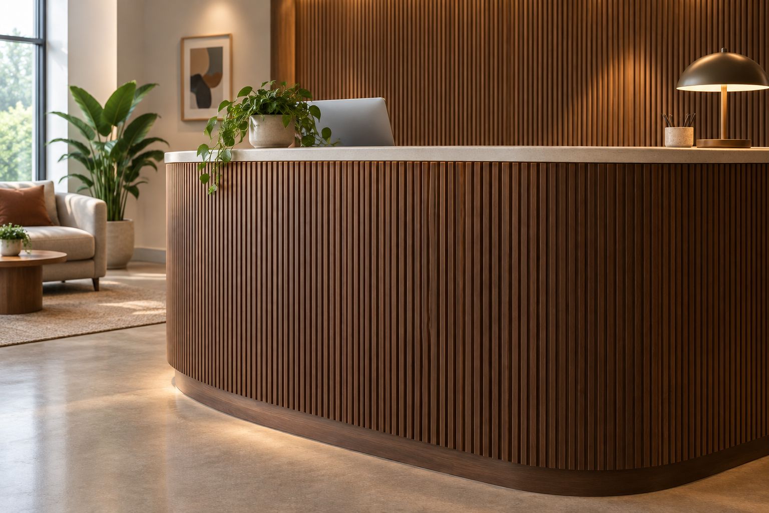 Fluted walnut wall panel wrapped around a curved reception desk