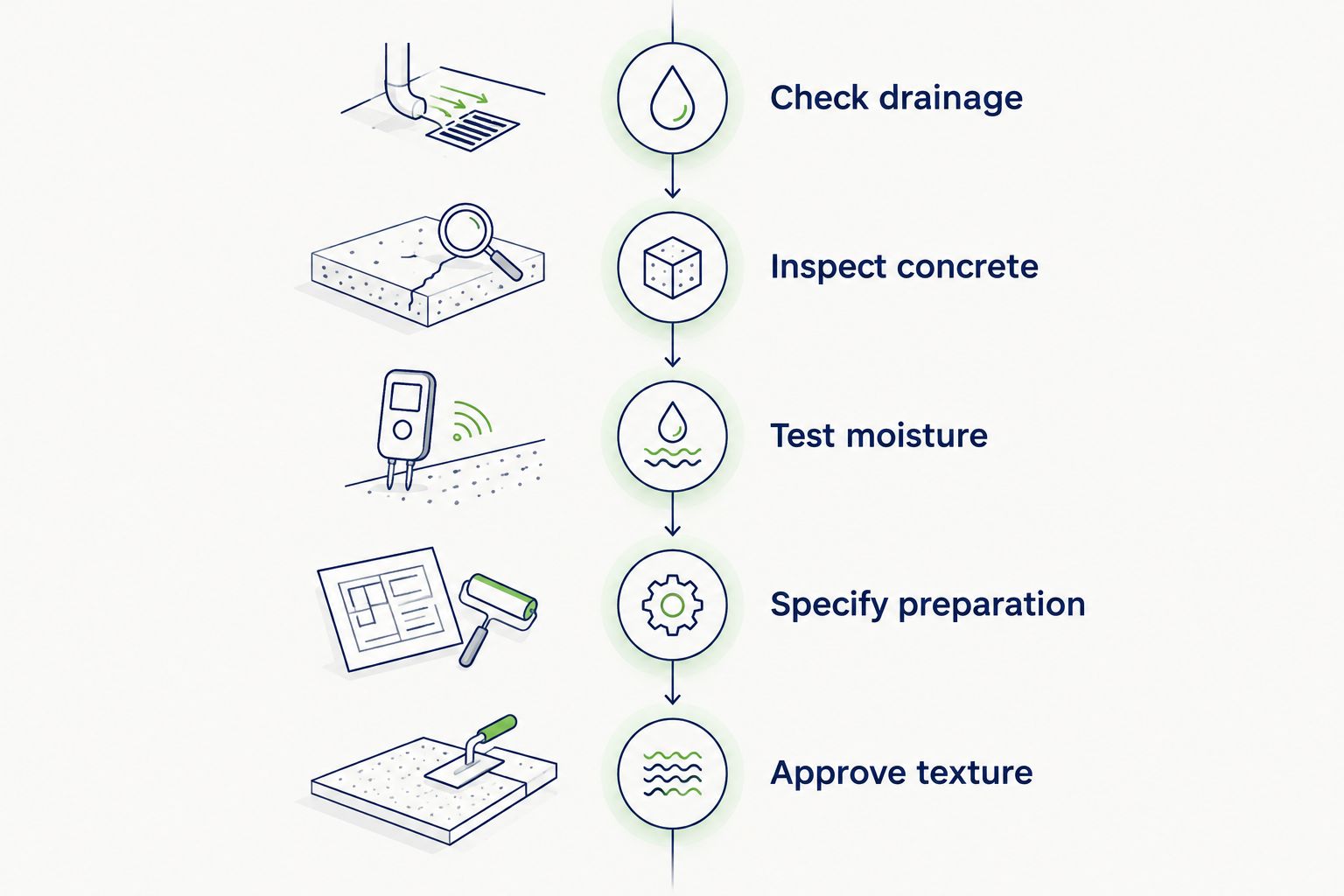 Five checks before choosing a garage floor finish, from drainage to texture approval.
