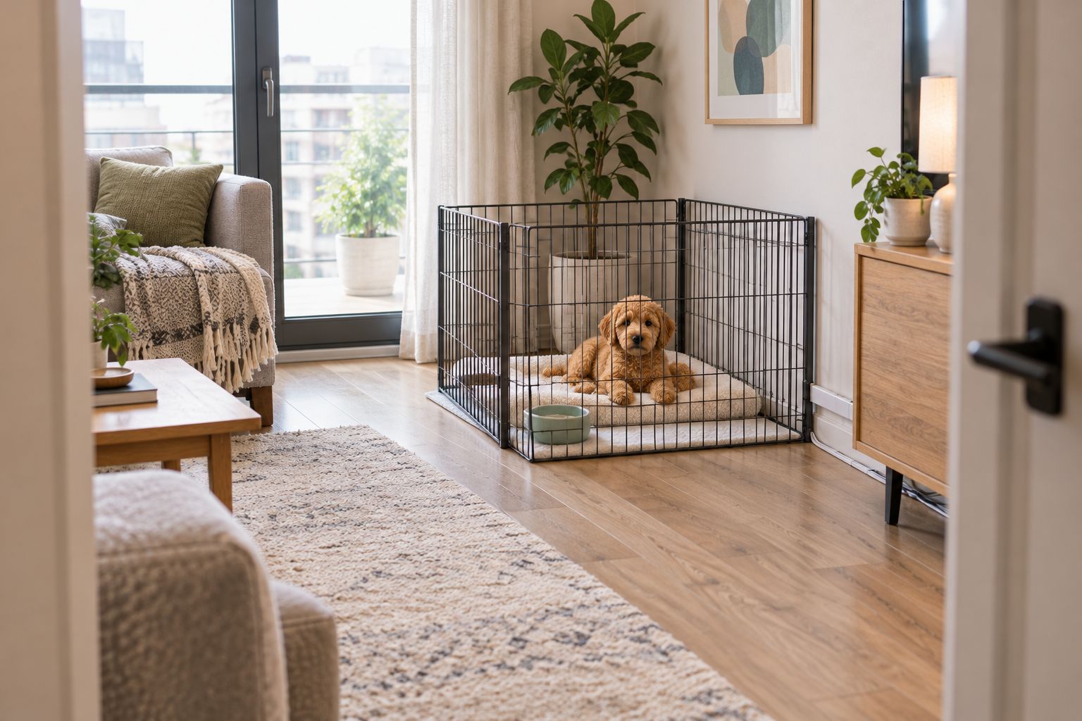 Apartment puppy area with a resting mat, water bowl, secured cables, and a closed balcony door.