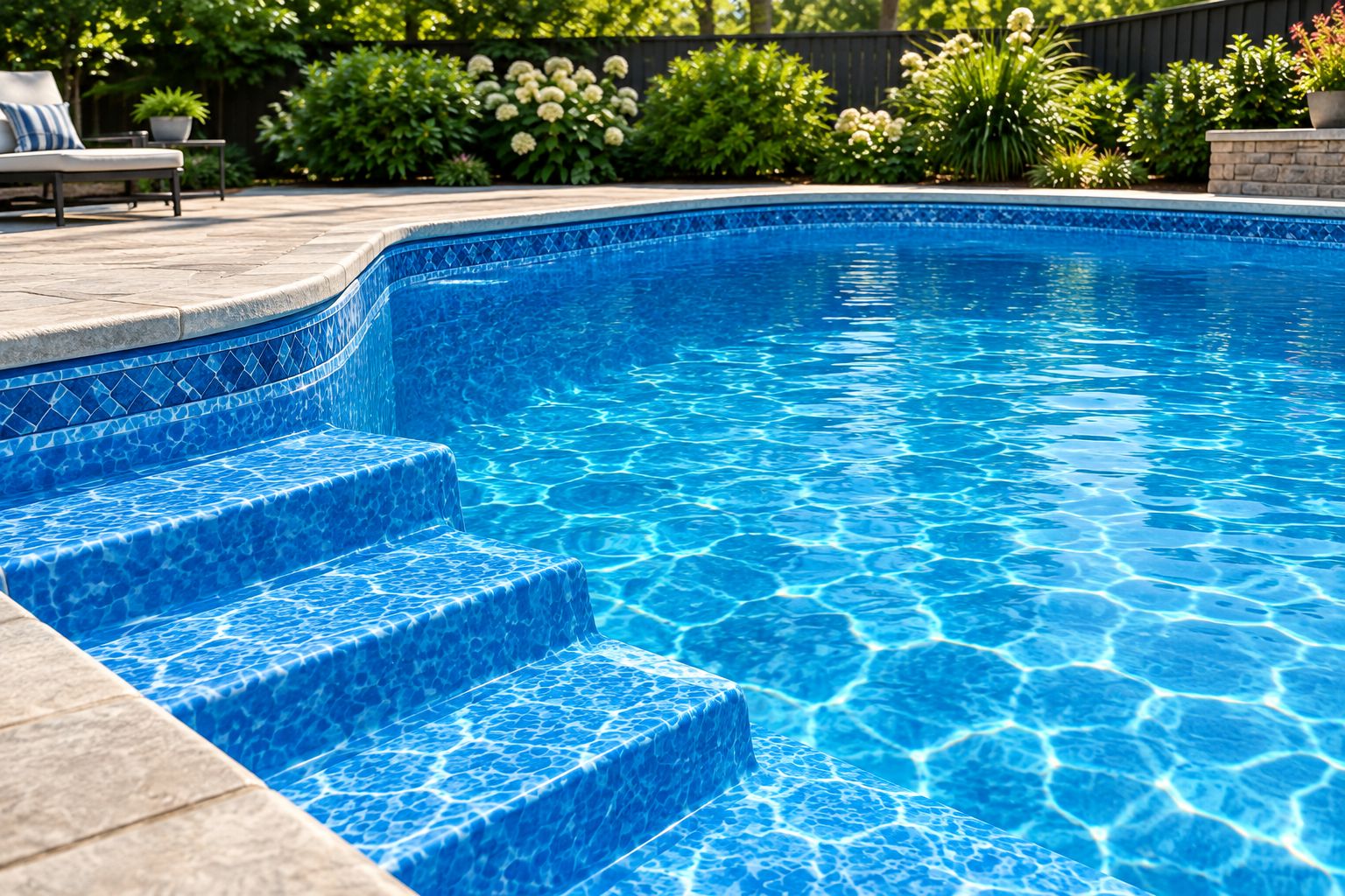 Vinyl inground pool showing entry steps, a wall corner, and the floor transition