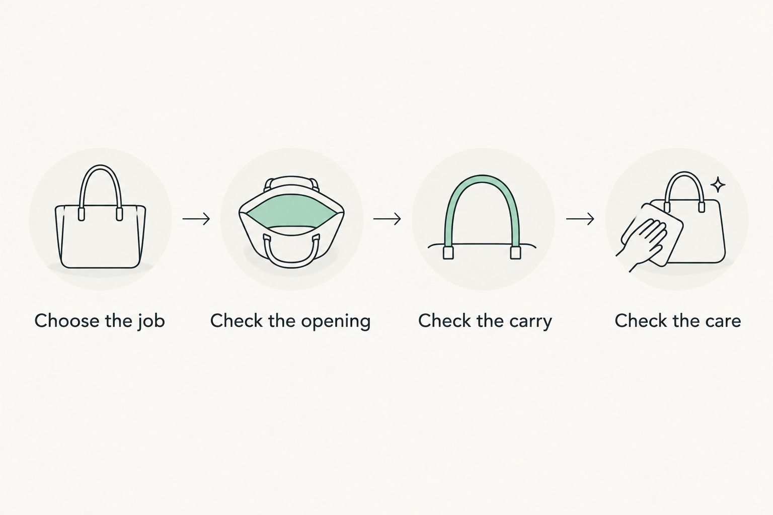 Four checks for choosing a tote: purpose, opening, carrying position, and care
