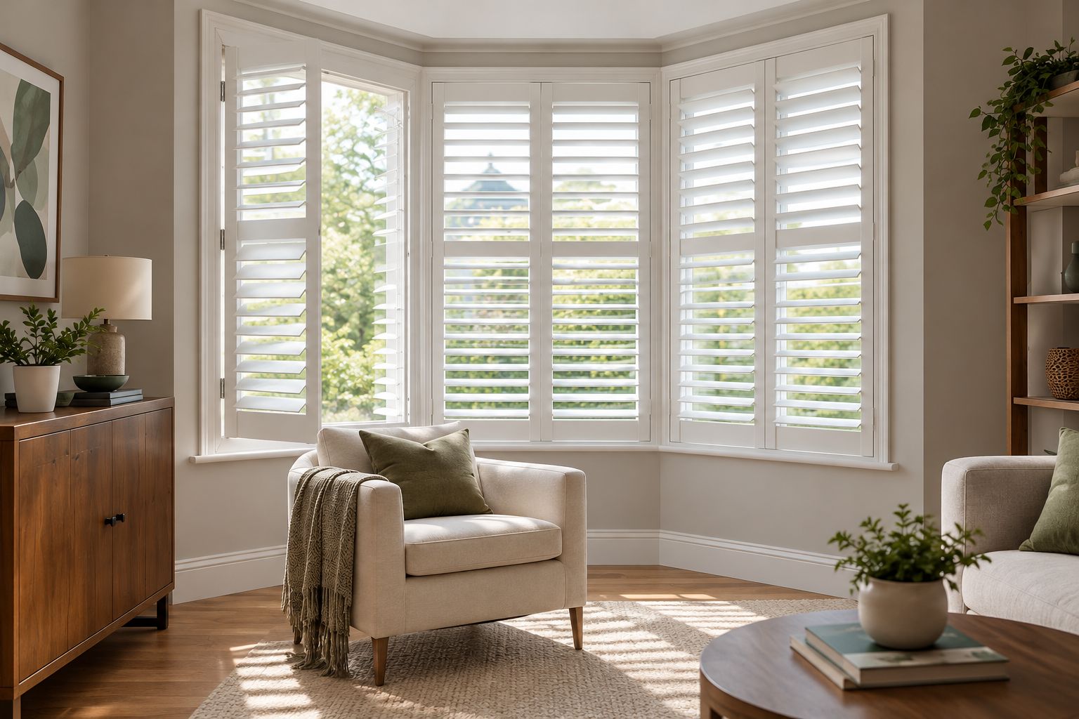 Bay window shutters showing angled side sections, tilted louvers, and a partly opened panel