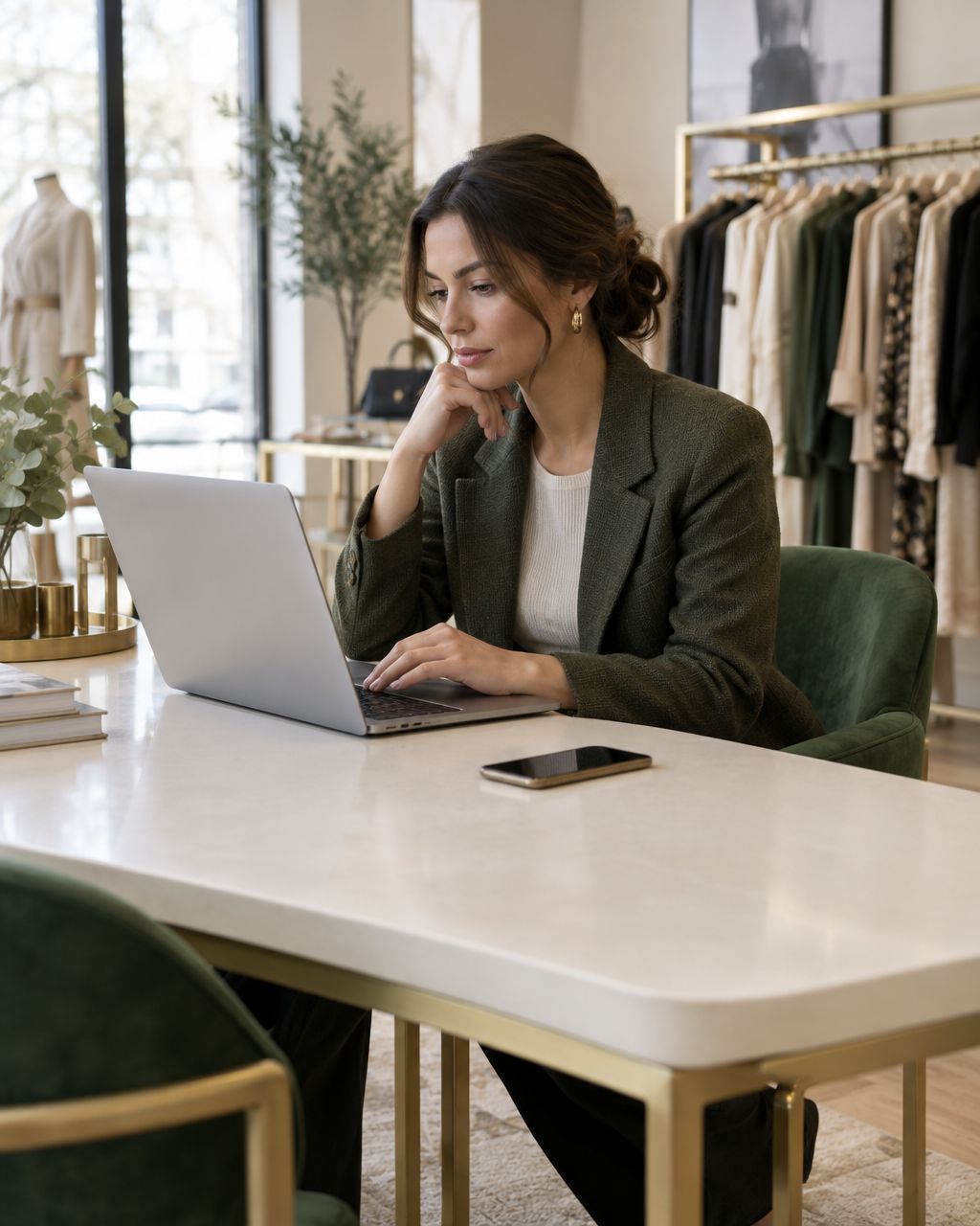 Illustrative ecommerce professional reviewing a laptop in a fashion showroom