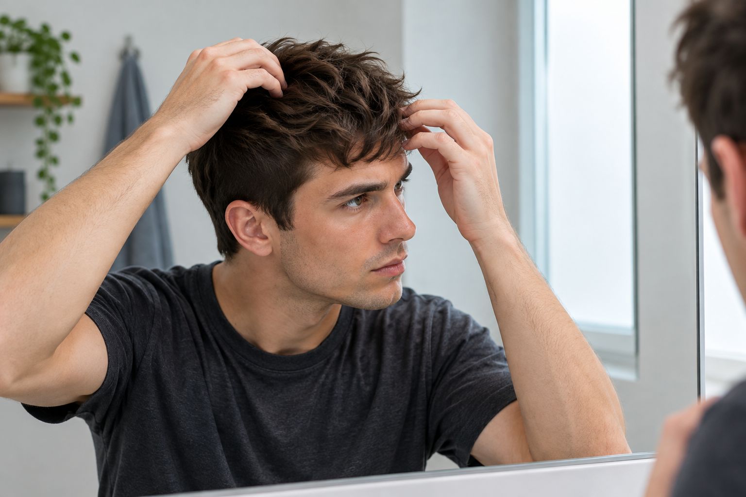 Fingertips separating a short textured fringe for a natural-looking style