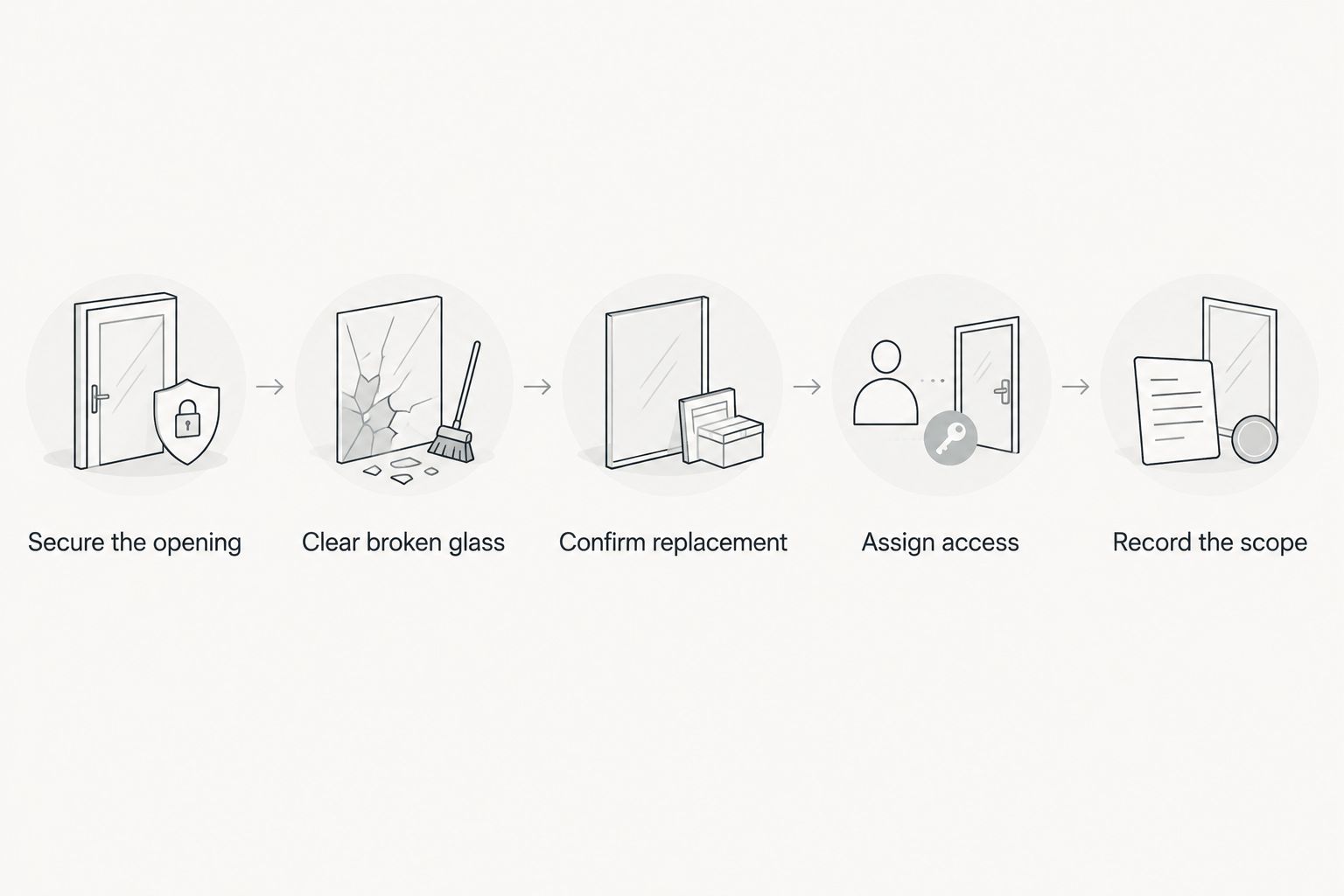 Sequence for securing an opening, clearing glass, confirming replacement, assigning access, and recording work