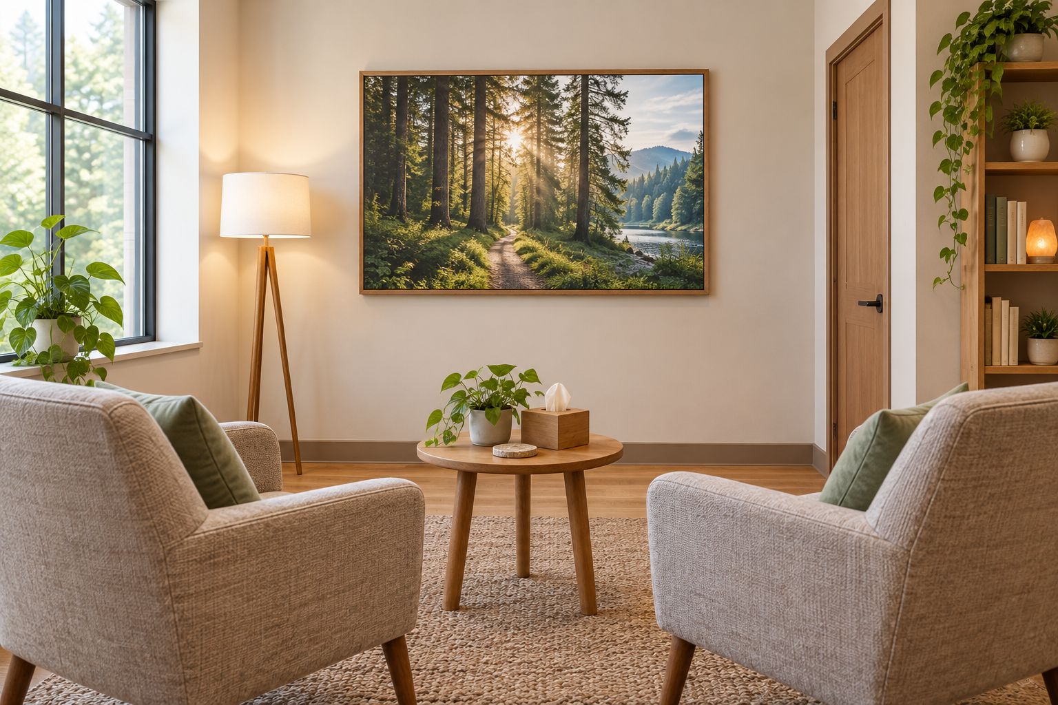 Counseling office showing a woodland photograph from the seated client viewpoint