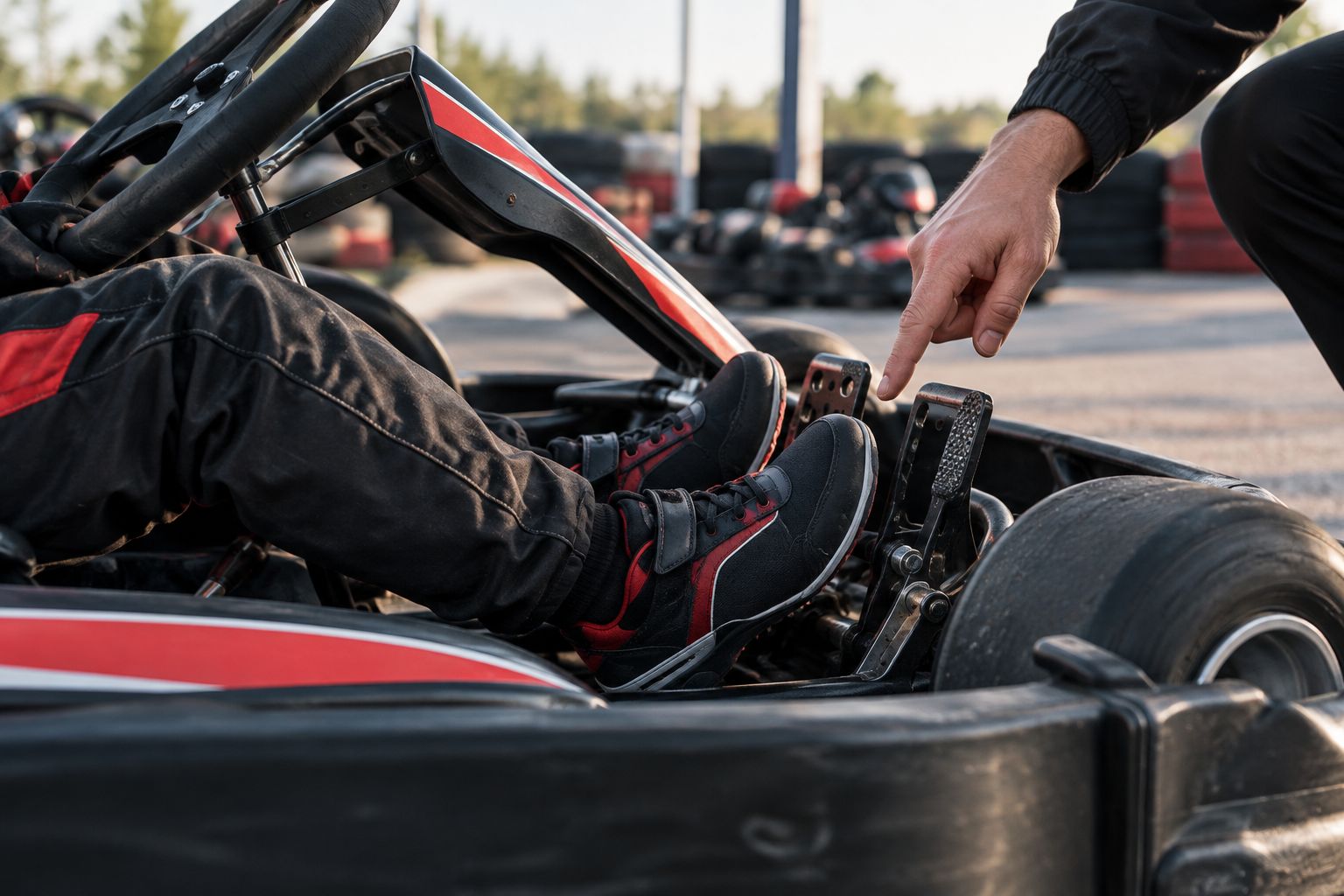 Kartingskor och pedalräckvidd kontrolleras i en stillastående gokart.