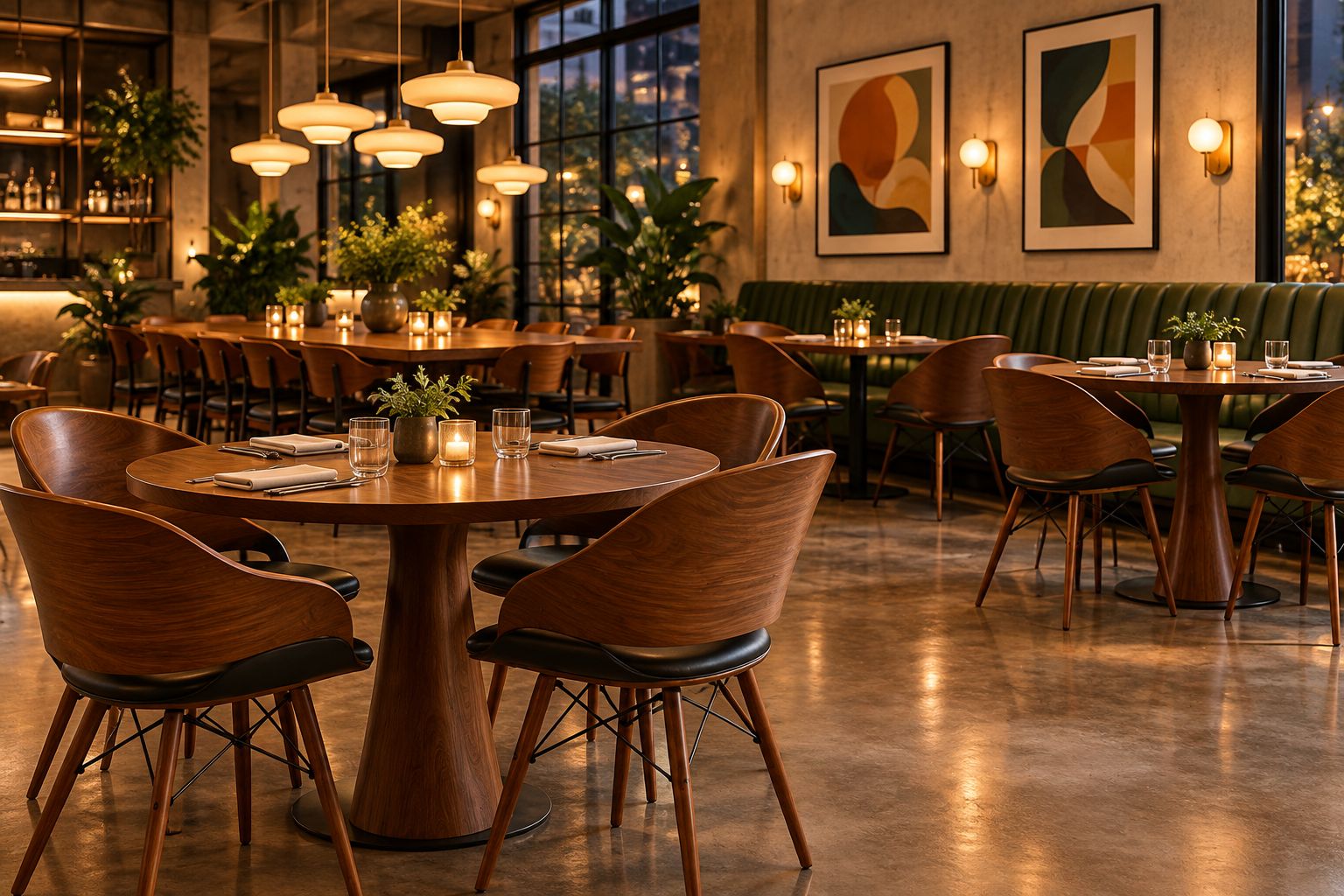 Sala da pranzo di un ristorante in stile Mid-Century con lampade a sospensione sopra un tavolo conviviale